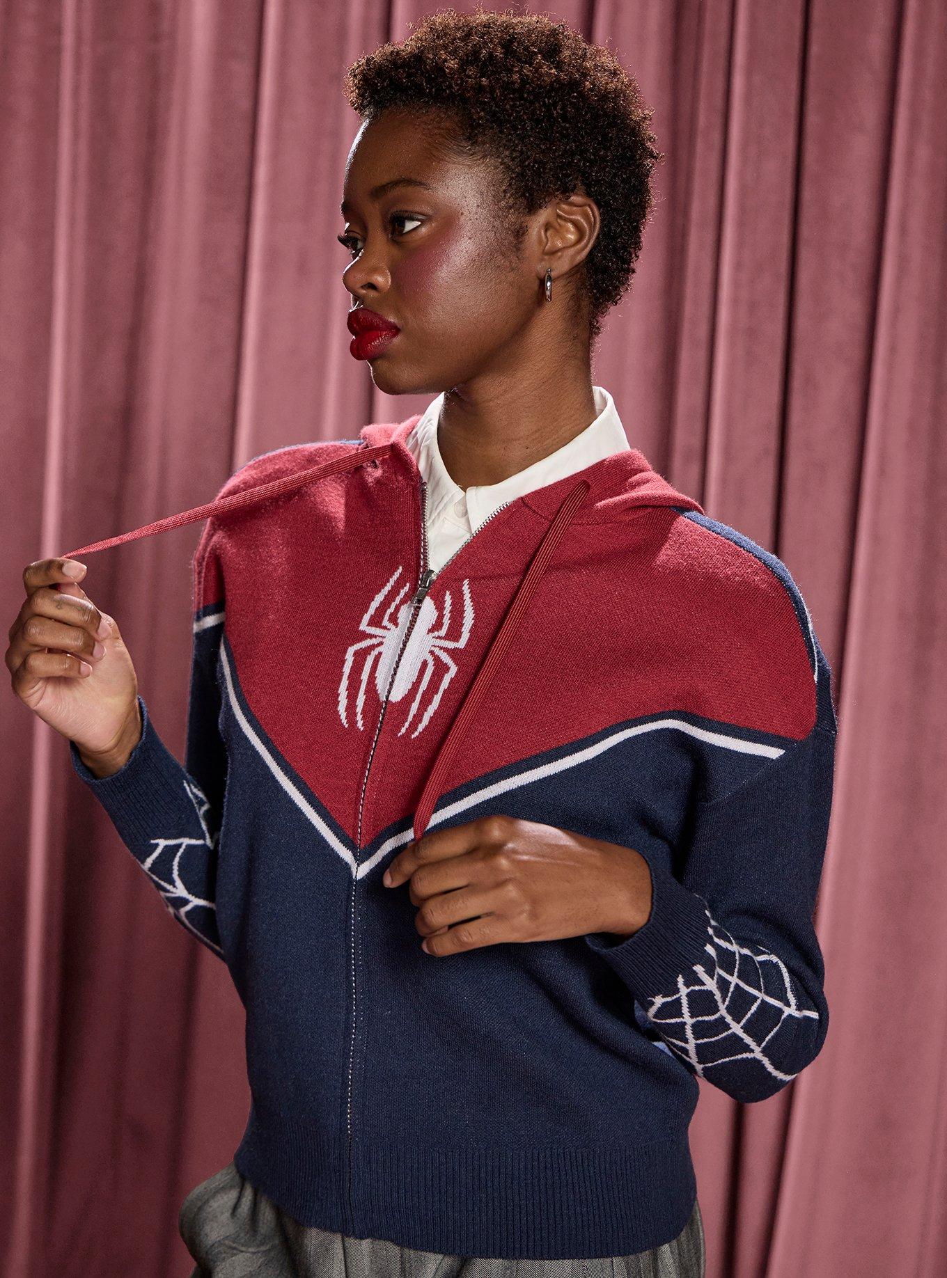 Her Universe Marvel Spider-Man Color Block Suit Knit Zippered Hoodie Her Universe Exclusive, BURGUNDY  BLACK, alternate - view 4