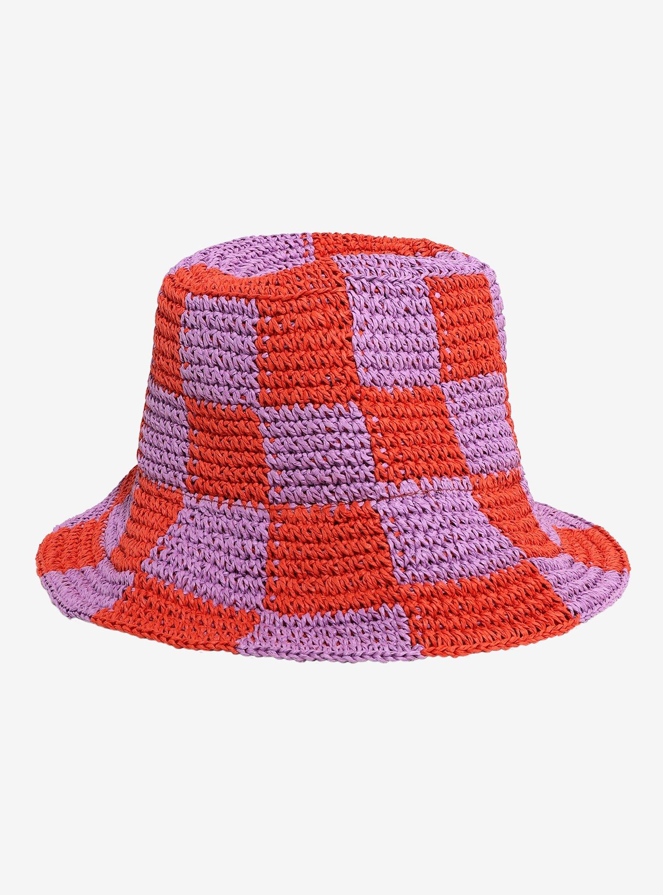 Orange & Lavender Checkered Woven Button Hat, , hi-res