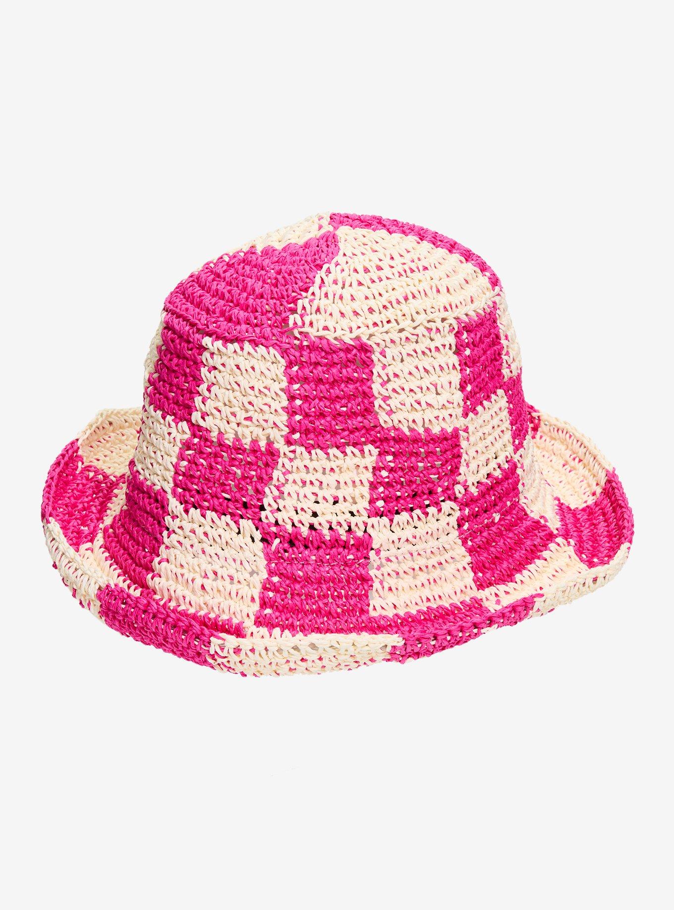 Cream & Fuchsia Checkered Woven Button Hat, , hi-res
