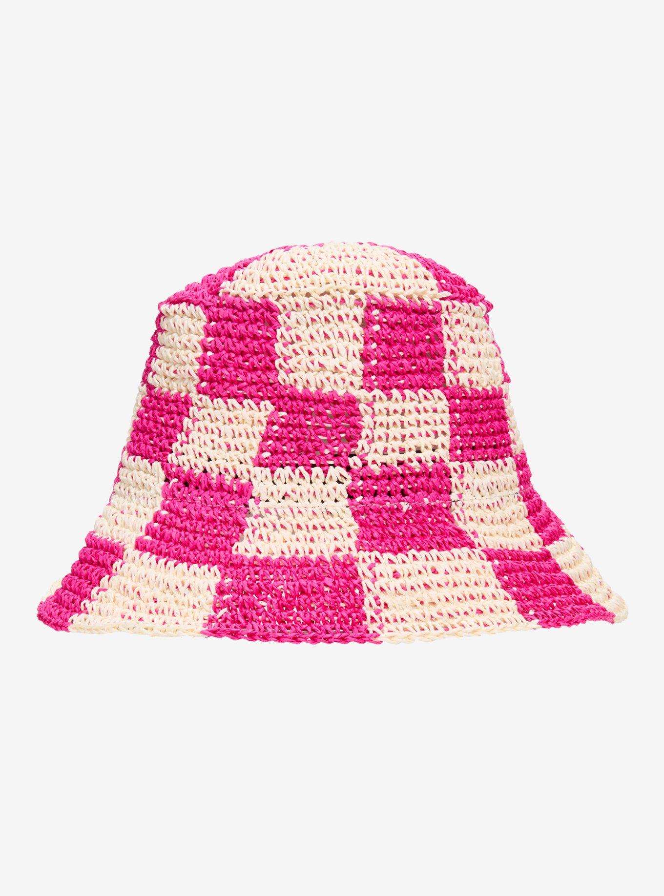 Cream & Fuchsia Checkered Woven Button Hat, , alternate - view 3