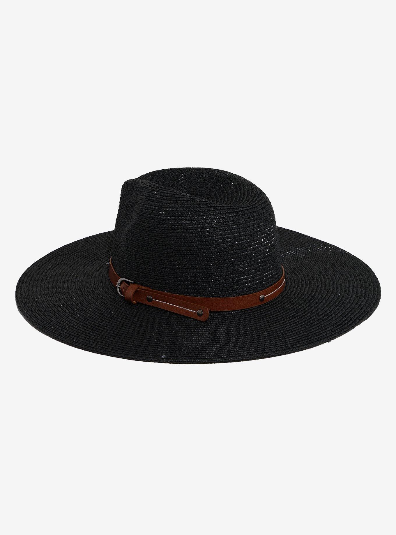 Black Wide Brim Straw Hat, , hi-res
