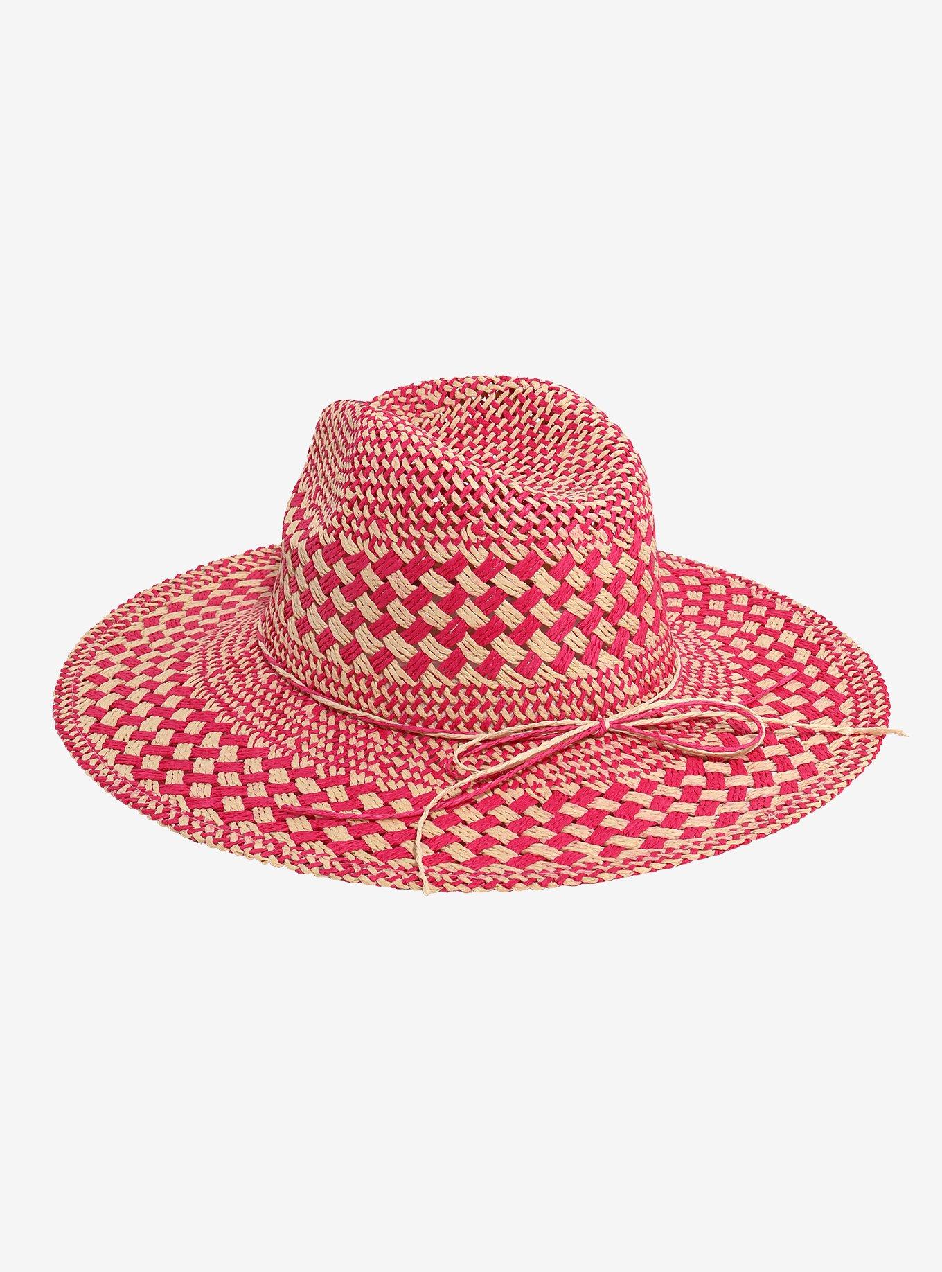 Pink Printed Wide Brim Straw Hat, , hi-res