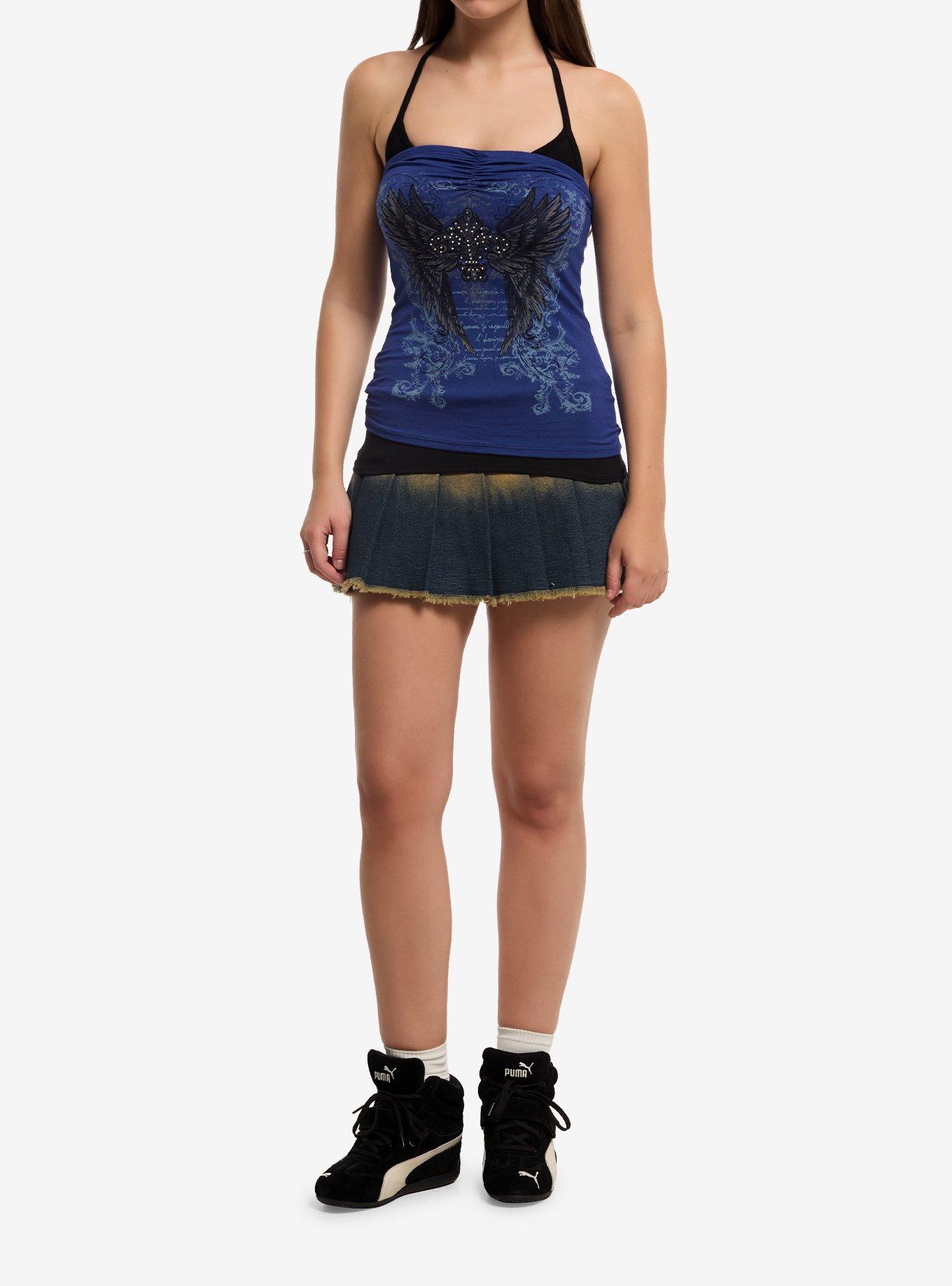 Social Collision Blue Filigree Wing Girls Layered Halter Top, , hi-res