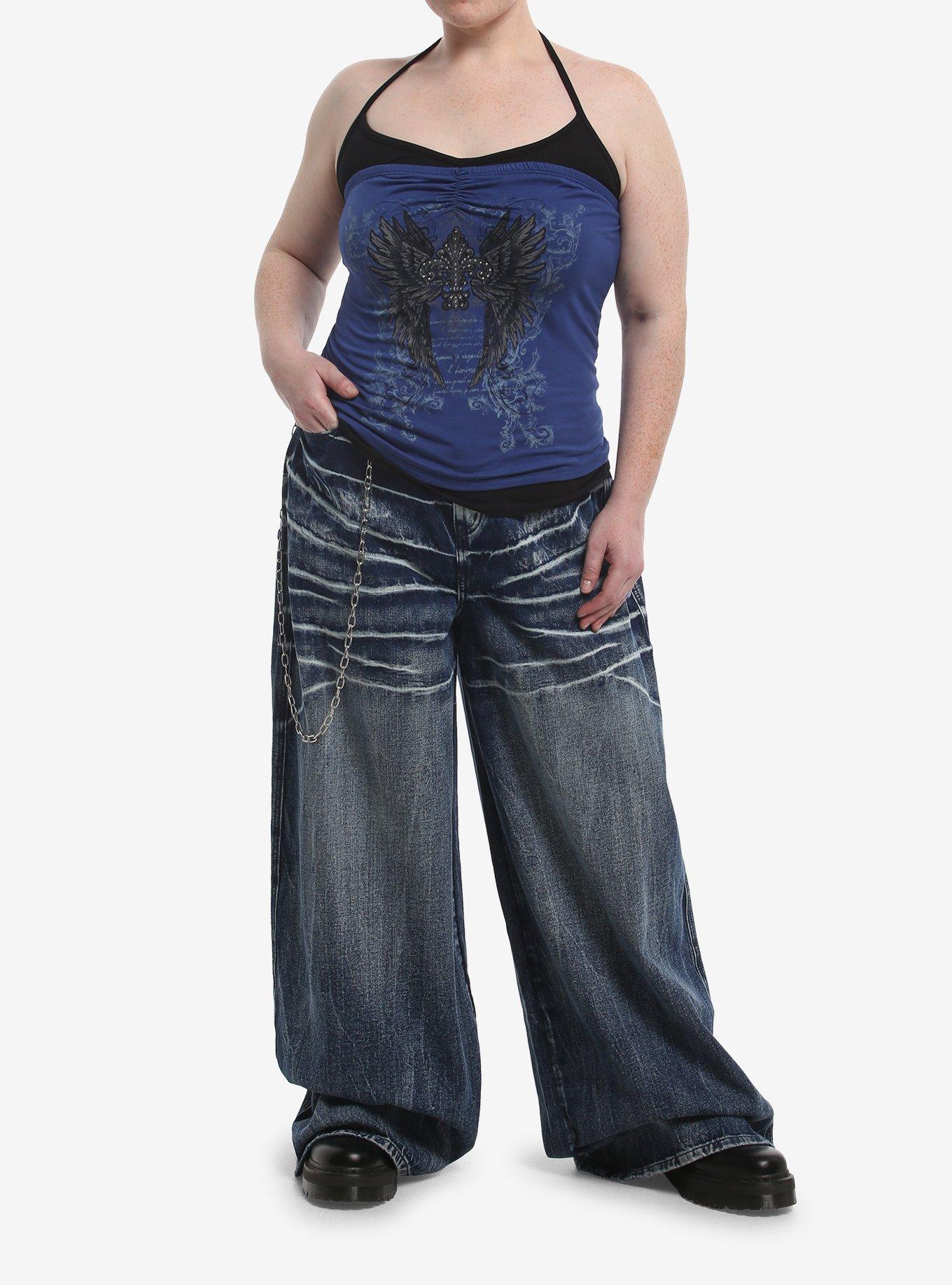 Social Collision Blue Filigree Wing Girls Layered Halter Top Plus Size, , hi-res