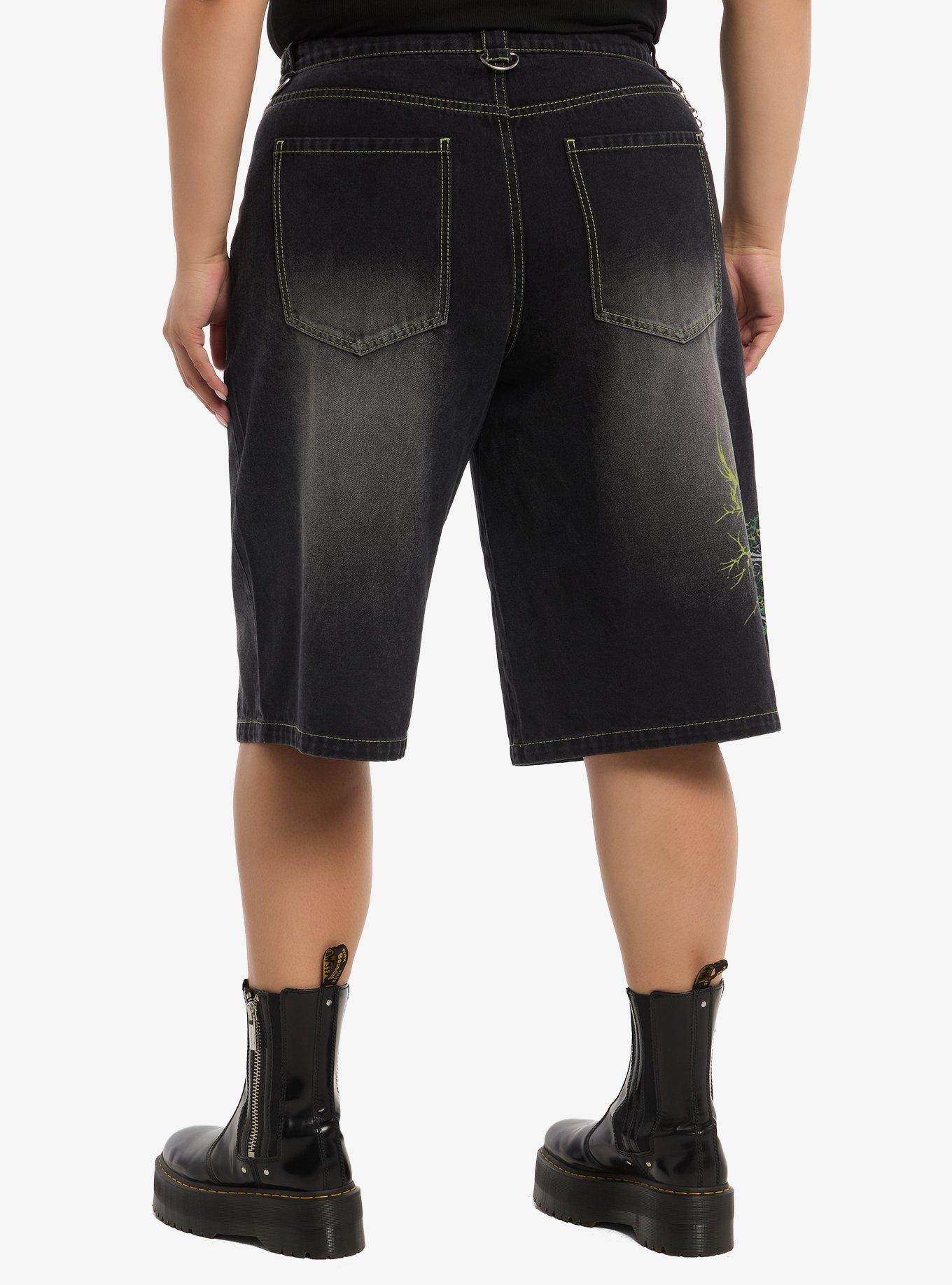 Social Collision Green Cyber Cross Side Chain Jorts Plus Size, , hi-res