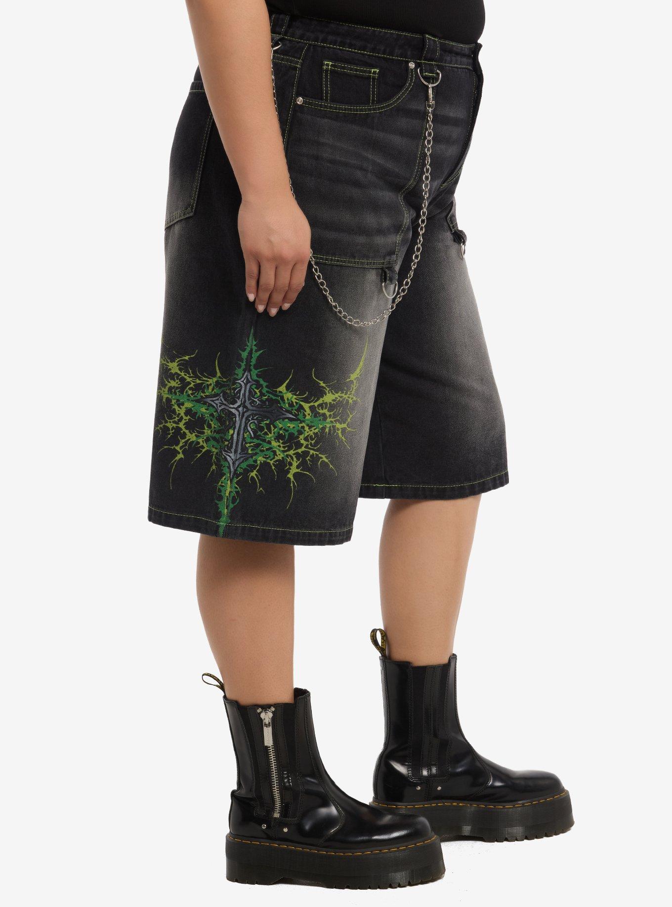 Social Collision Green Cyber Cross Side Chain Jorts Plus Size, MULTI, alternate - view 3