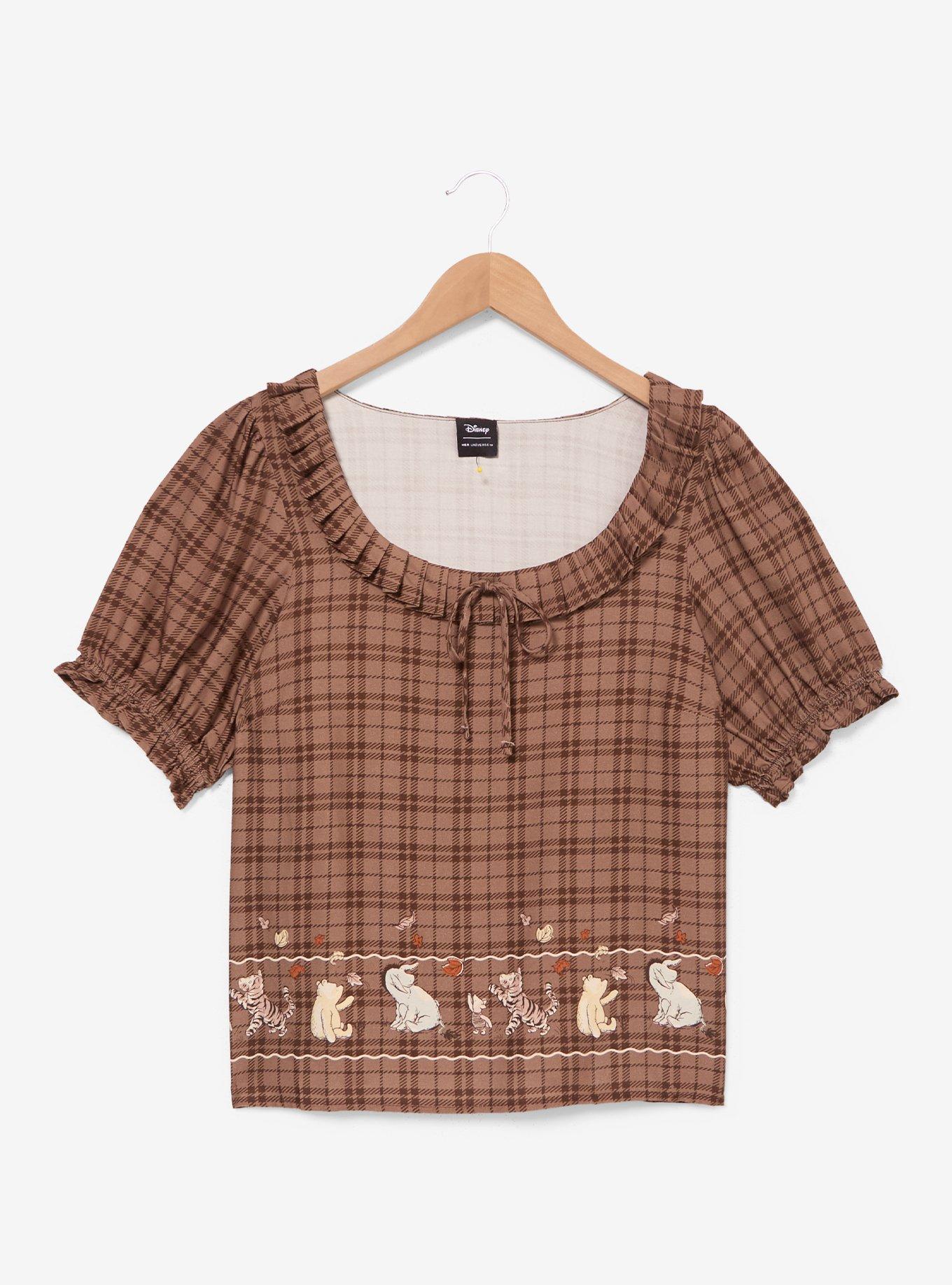 Disney Winnie the Pooh and Friends Autumn Plaid Embroidered Women's Puff Sleeve Top - BoxLunch Exclusive