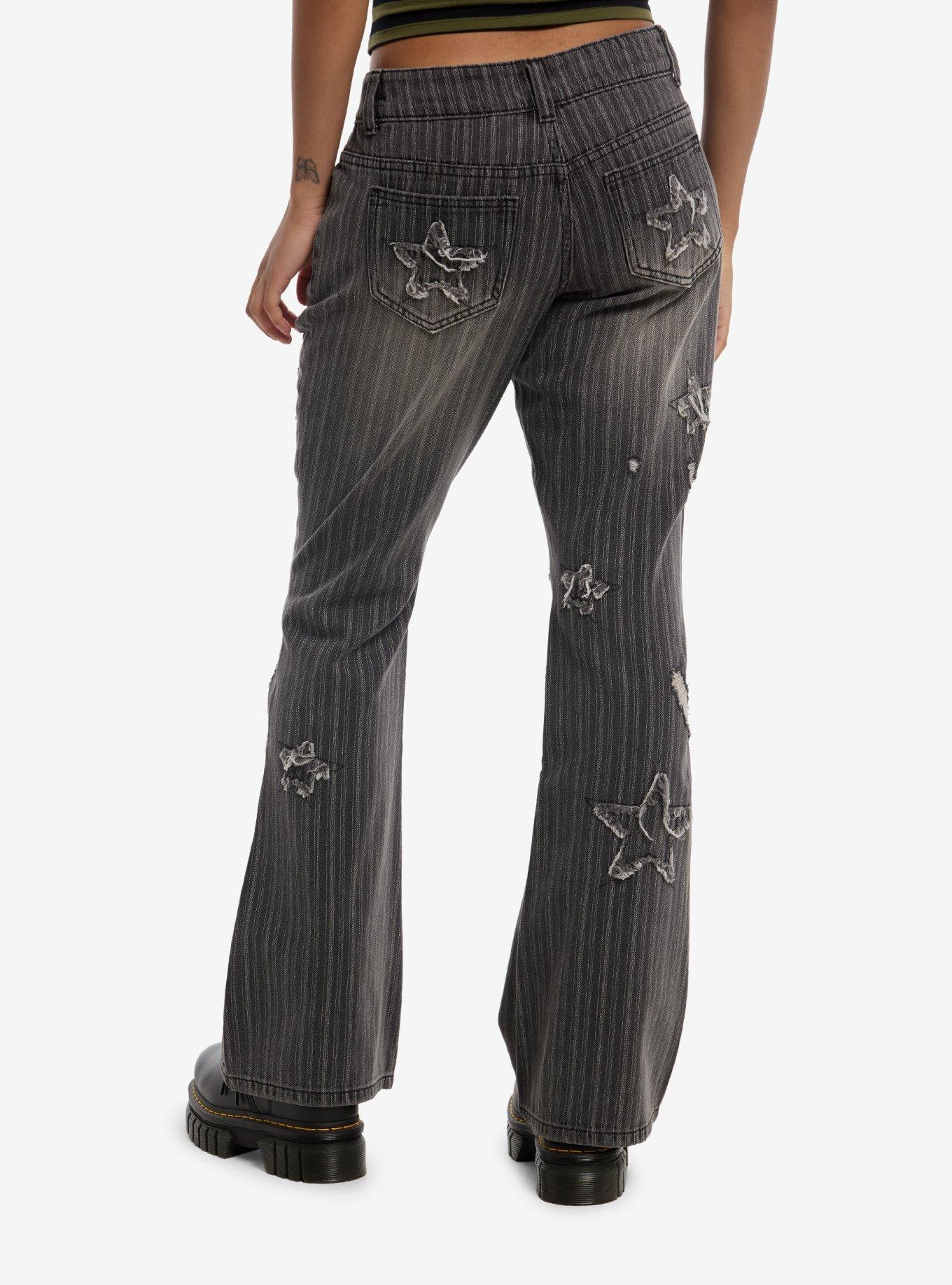 Grey Star Patch Distressed Pinstripe Jeans, , hi-res