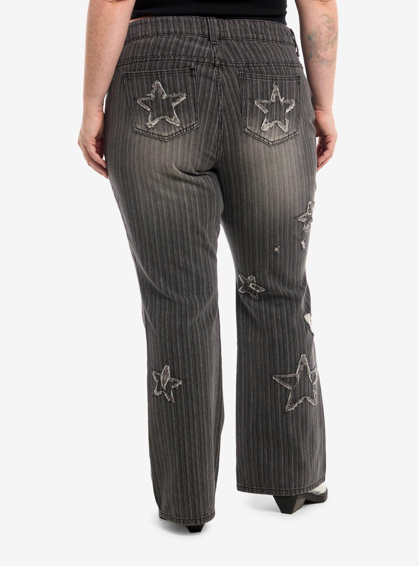 Grey Star Patch Distressed Pinstripe Jeans Plus Size, , hi-res