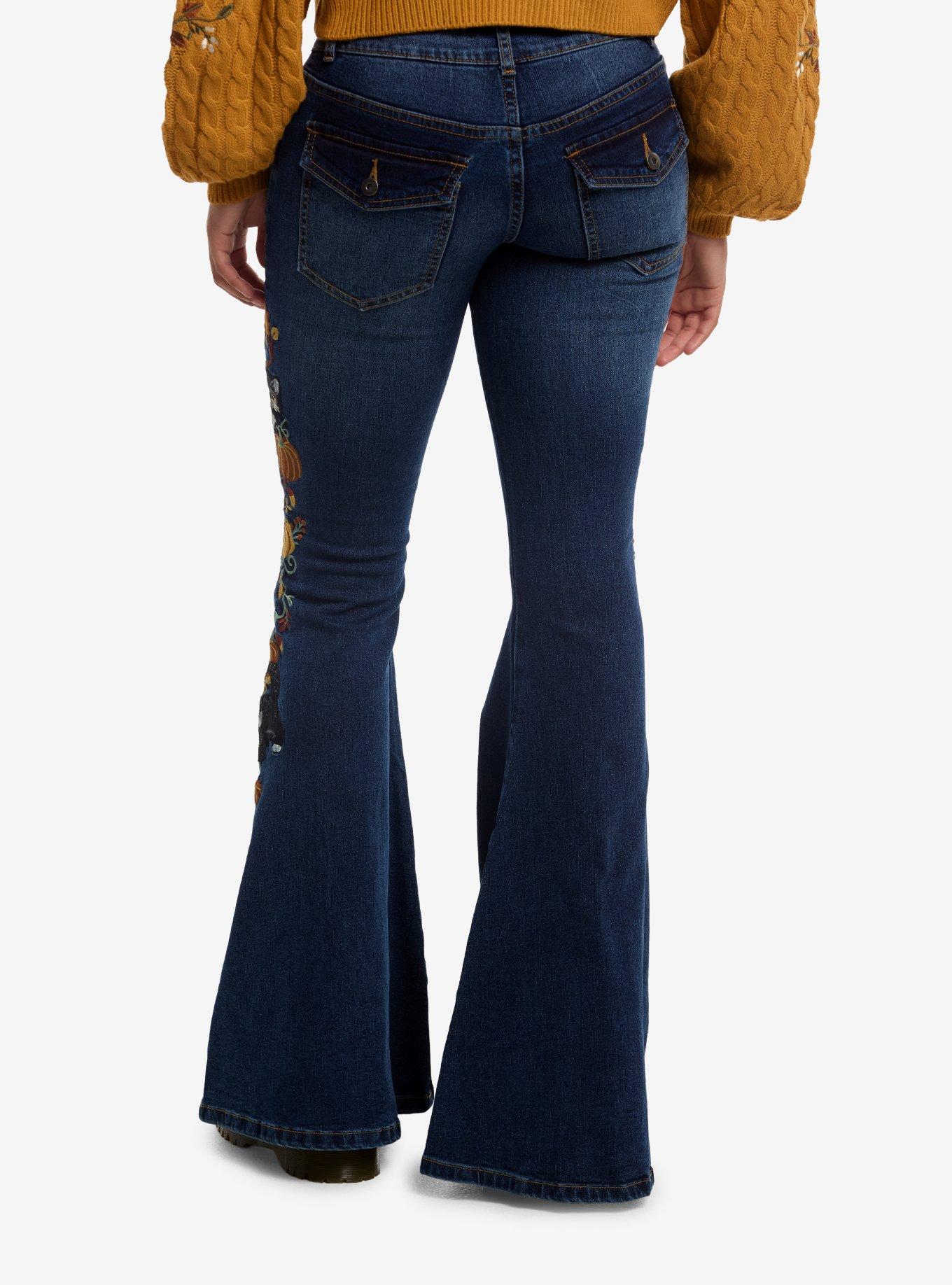 Thorn & Fable Cat Pumpkin Embroidered Flare Jeans, , hi-res