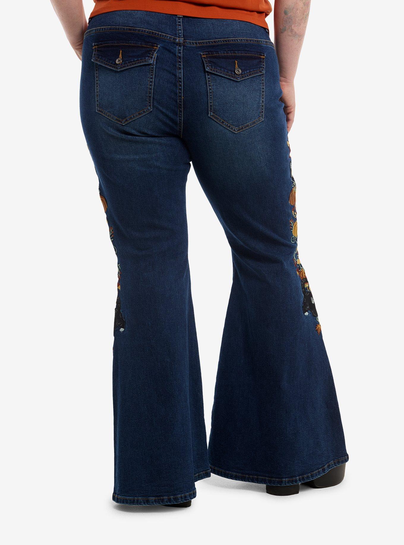 Thorn & Fable Cat Pumpkin Embroidered Flare Jeans Plus Size, , hi-res