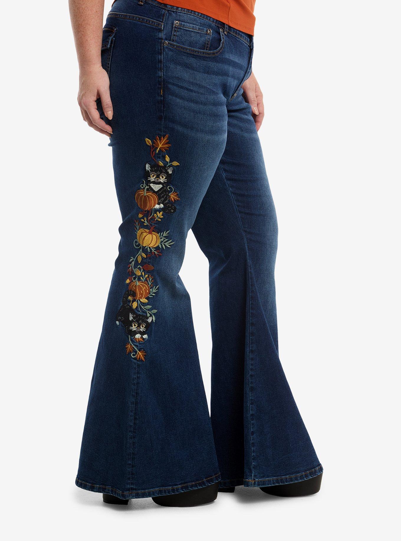 Thorn & Fable Cat Pumpkin Embroidered Flare Jeans Plus Size, MULTI, alternate - view 3