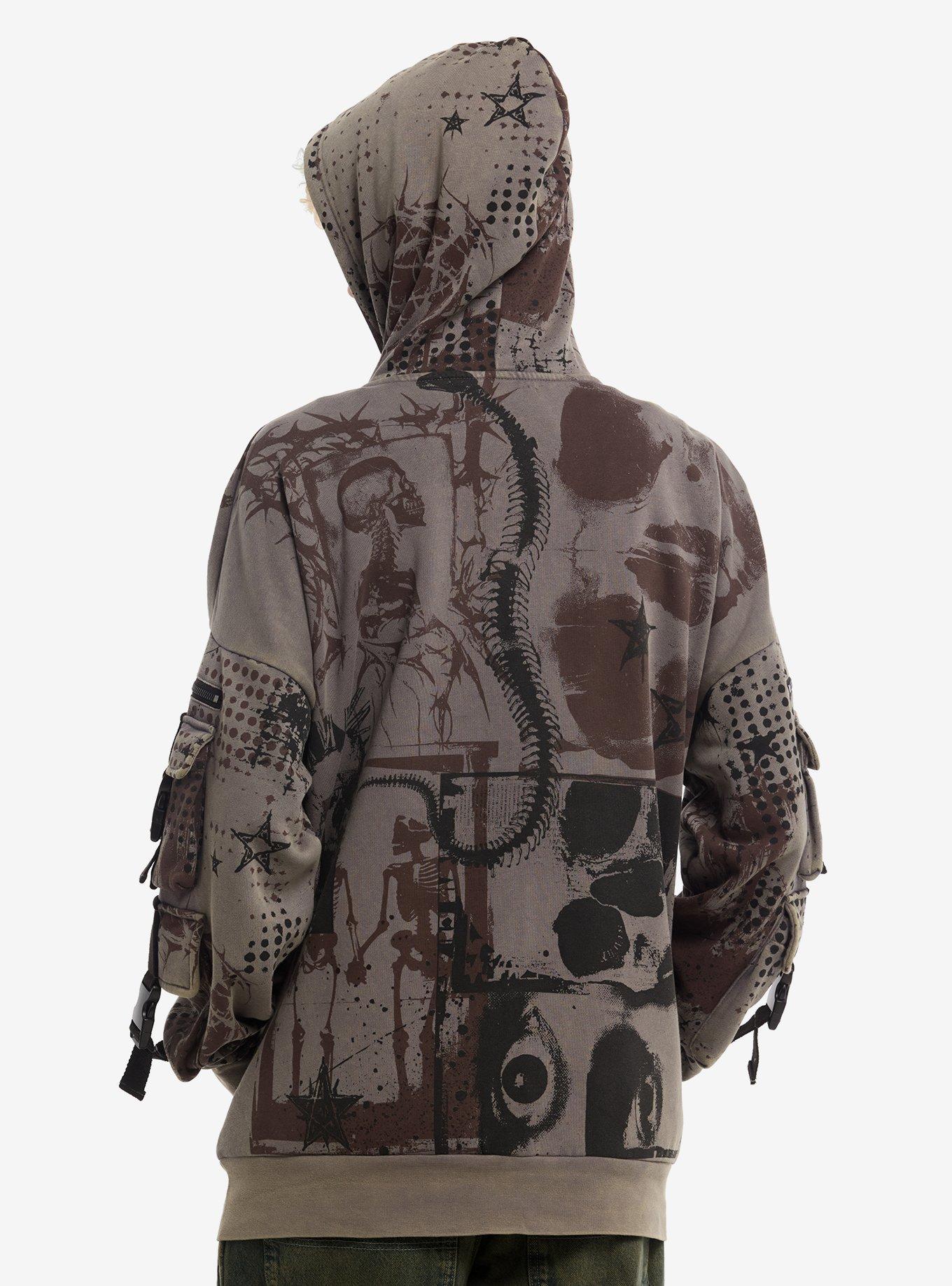 Spiky Skull Star Cargo Pocket Hoodie, , hi-res