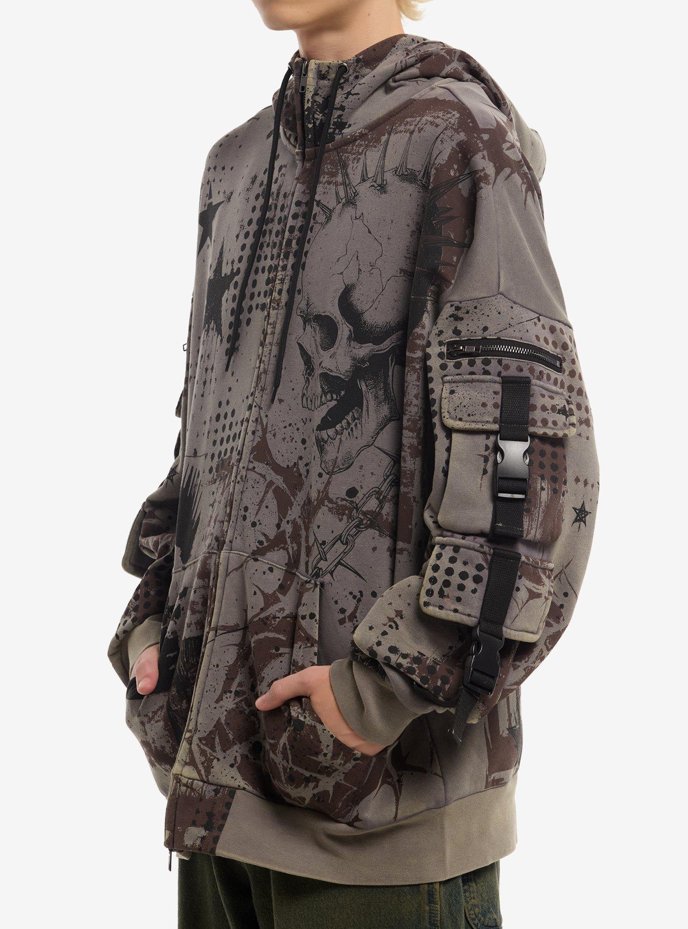 Spiky Skull Star Cargo Pocket Hoodie, BLACK, alternate - view 4