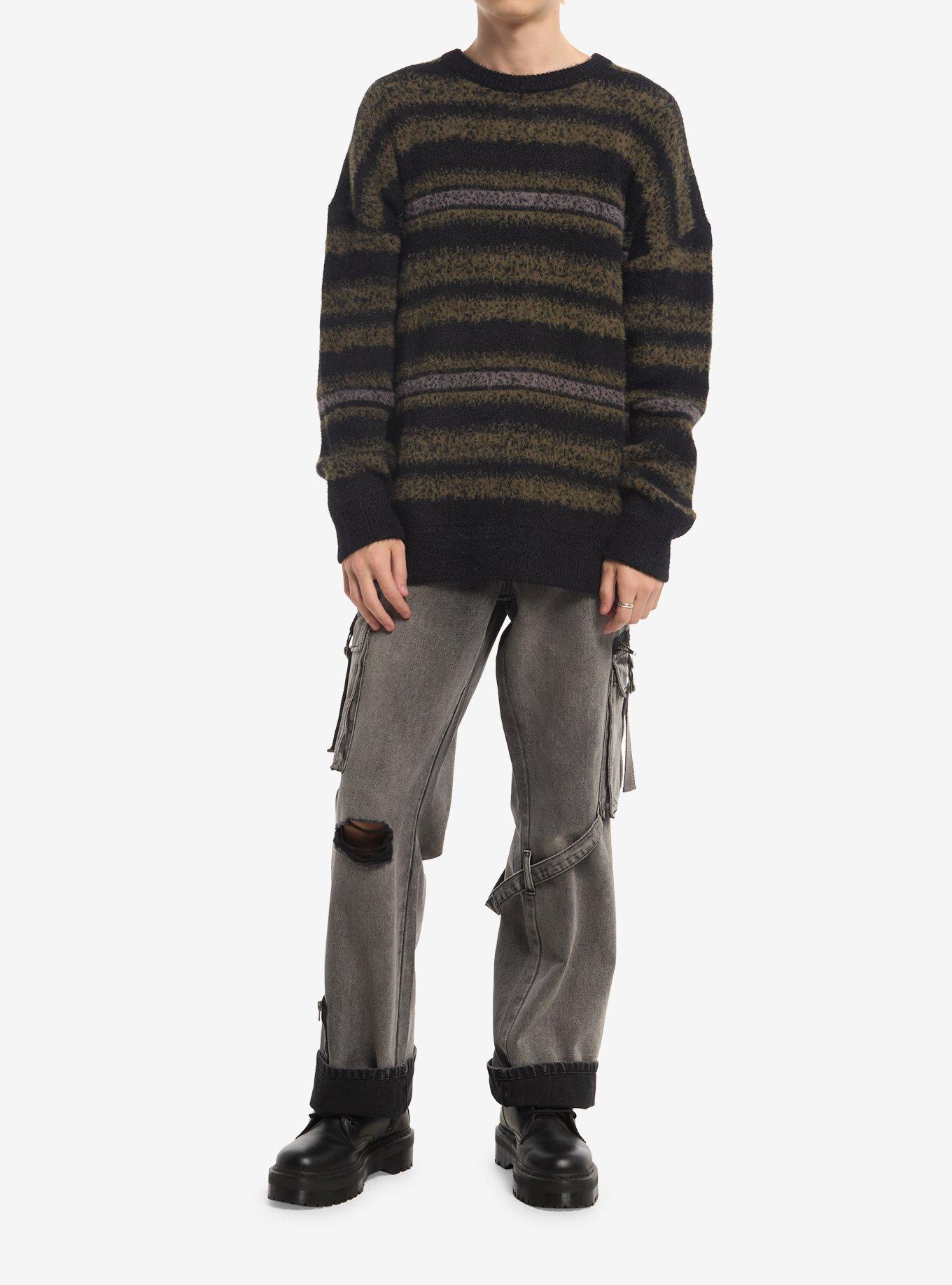 Green & Black Stripe Fuzzy Sweater, , hi-res