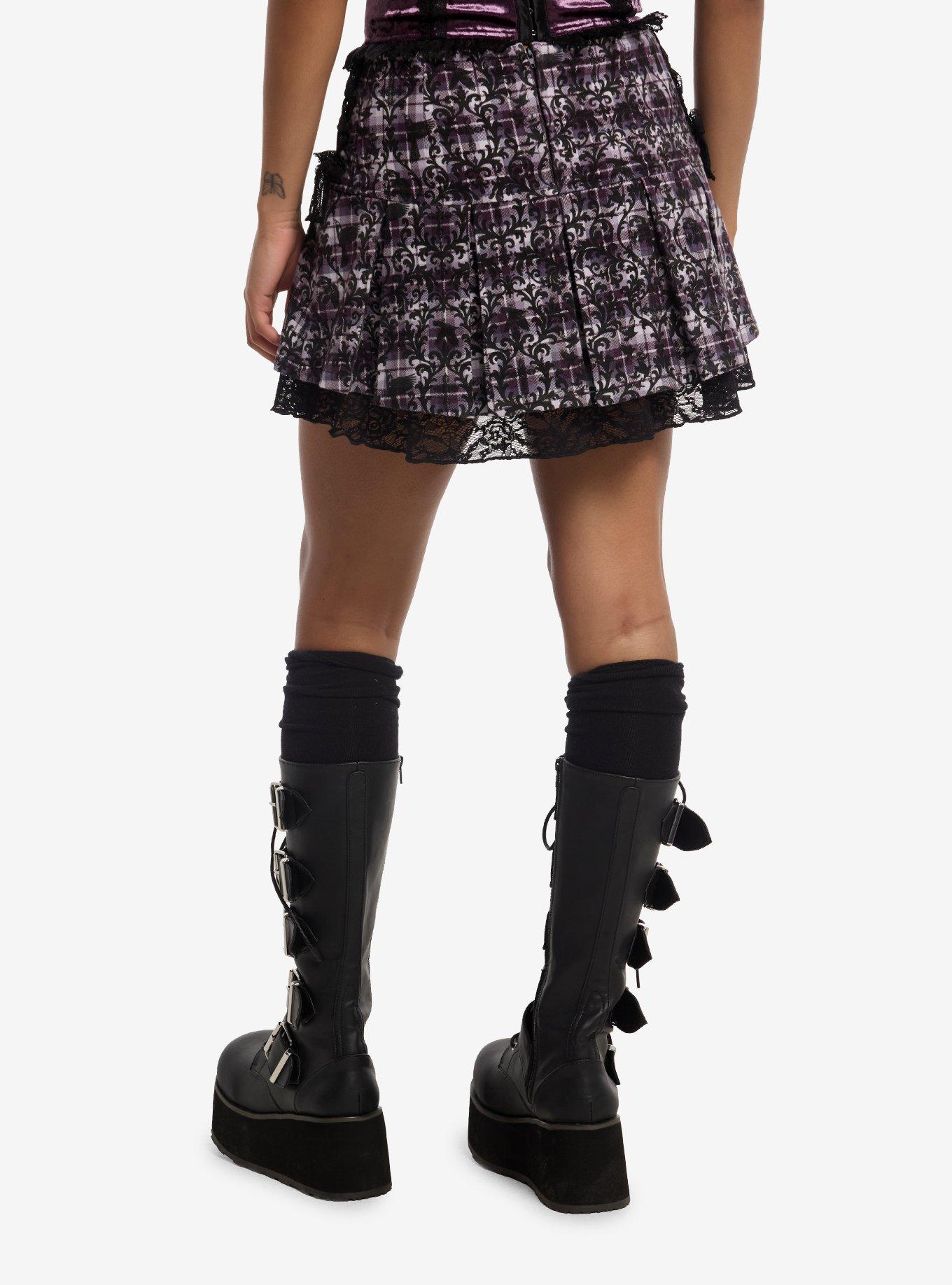 Cosmic Aura Purple Plaid Filigree Print Ribbon Skirt, , hi-res