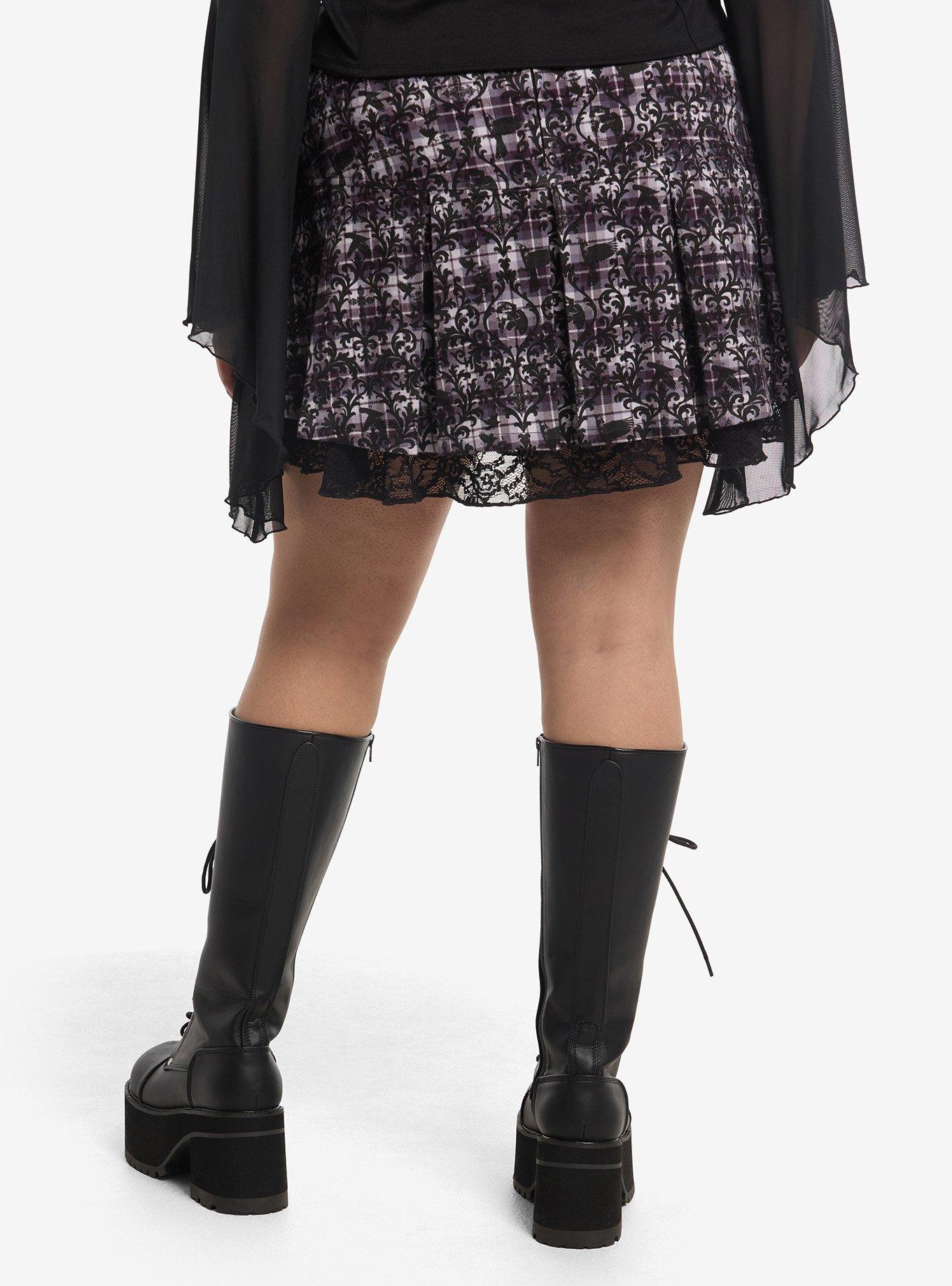 Cosmic Aura Purple Plaid Filigree Print Ribbon Skirt Plus Size, , hi-res