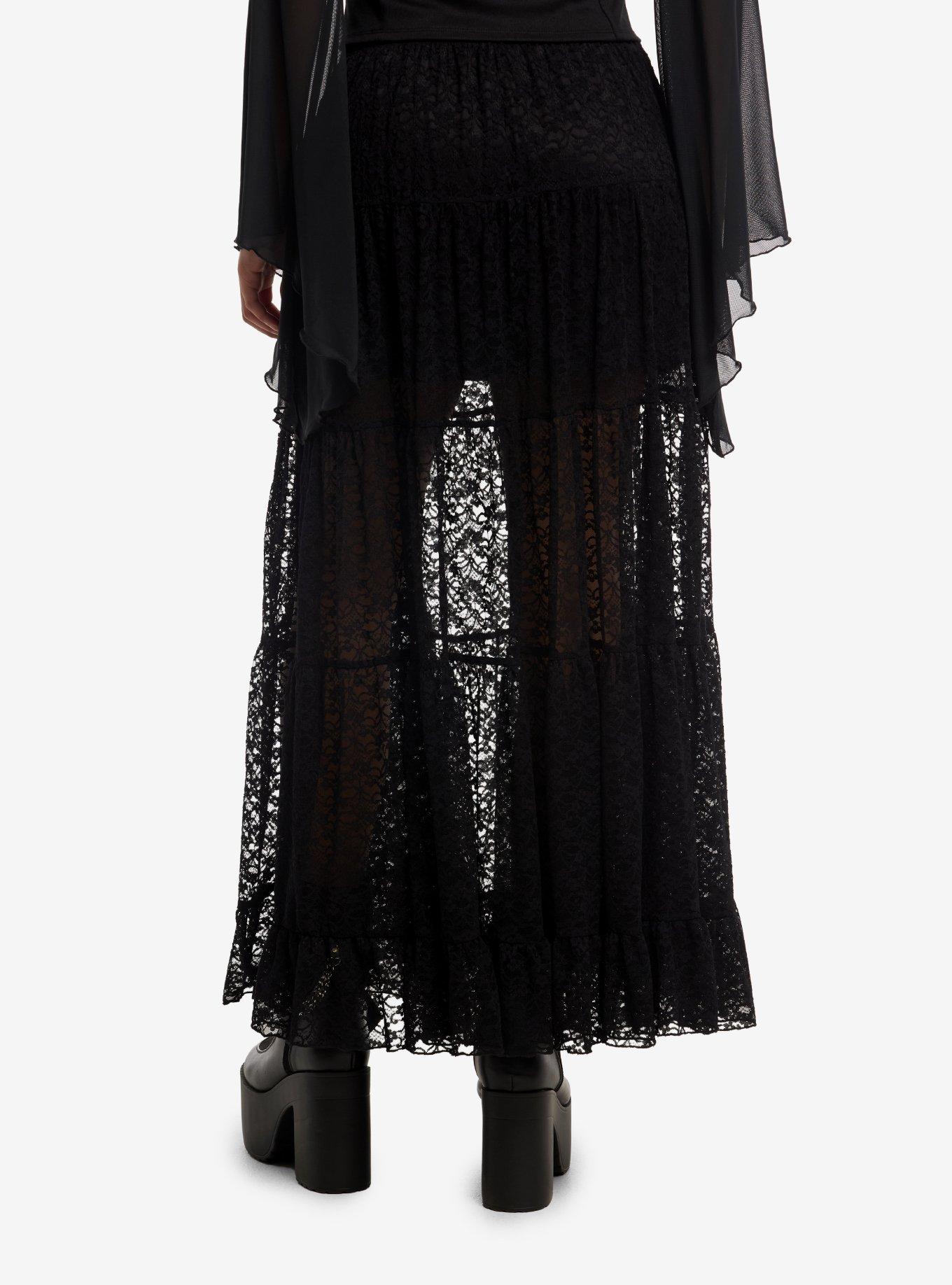 Cosmic Aura Black Lace Ribbon Layered Maxi Skirt, , hi-res