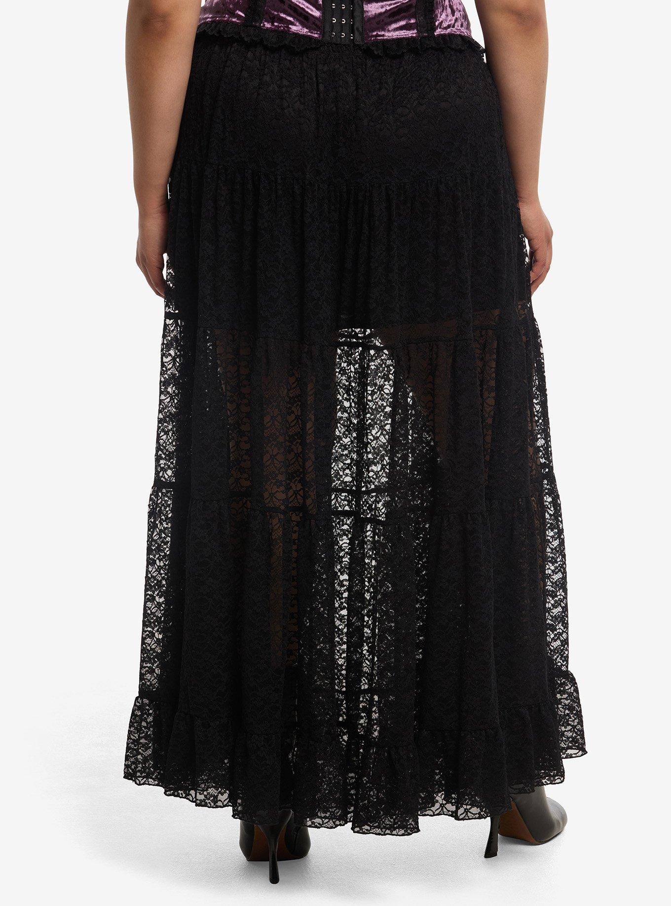 Cosmic Aura Black Lace Ribbon Layered Maxi Skirt Plus Size, , hi-res