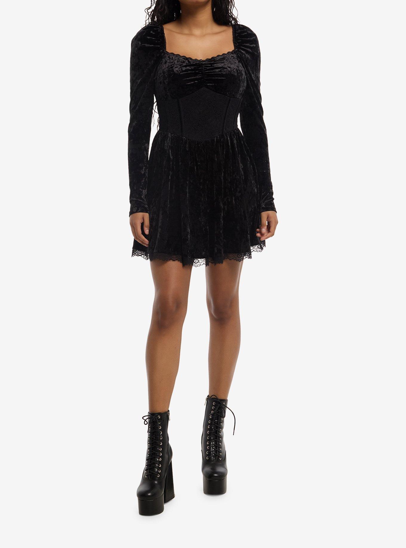 Cosmic Aura Black Velour Corset Long-Sleeve Dress, , hi-res