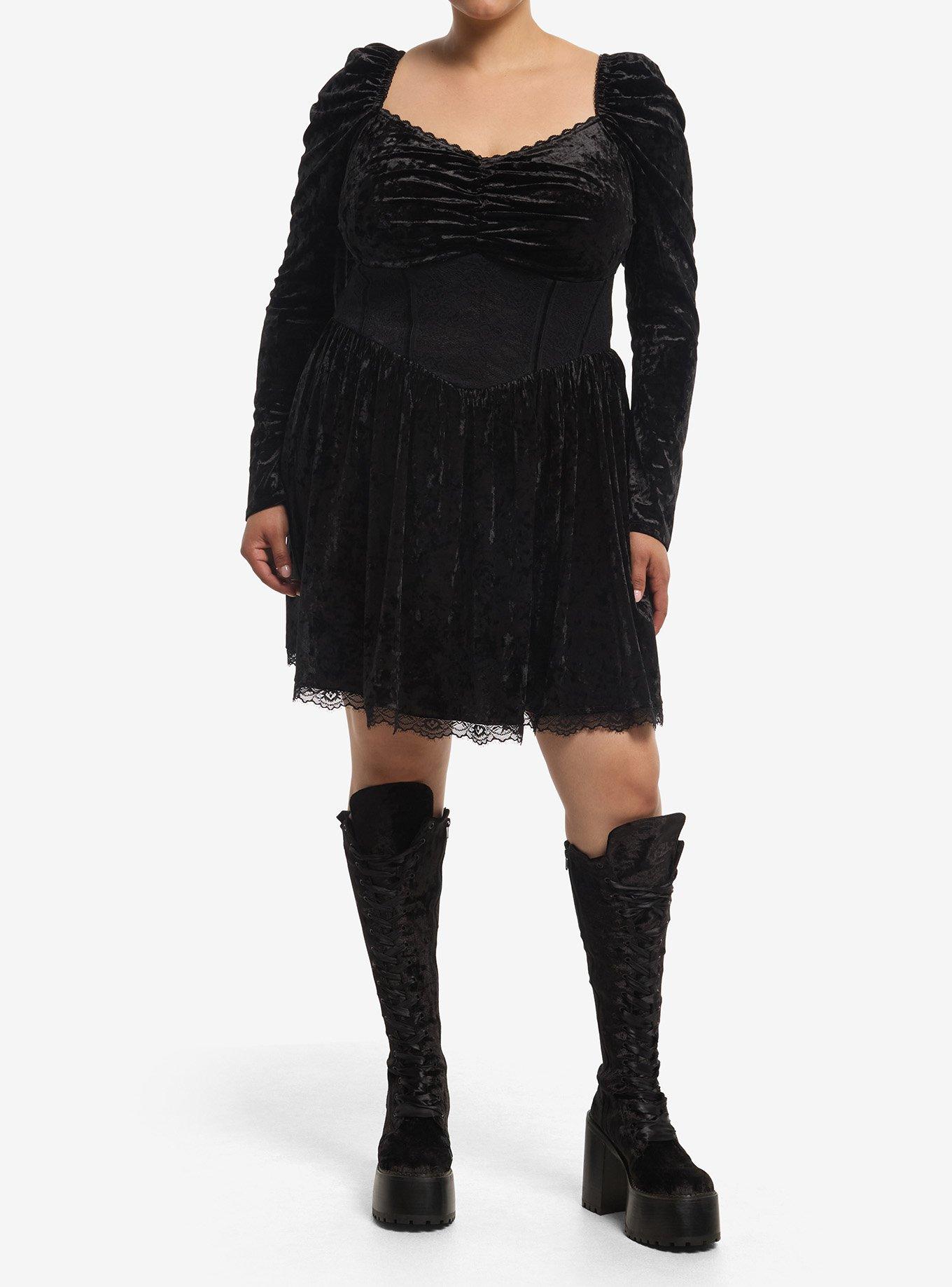 Cosmic Aura Black Velour Corset Long-Sleeve Dress Plus Size, , hi-res
