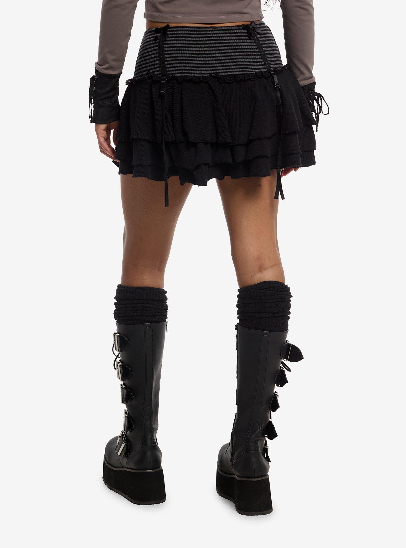 Social Collision Black & Grey Stripe Ribbon Ruffle Skirt, , hi-res
