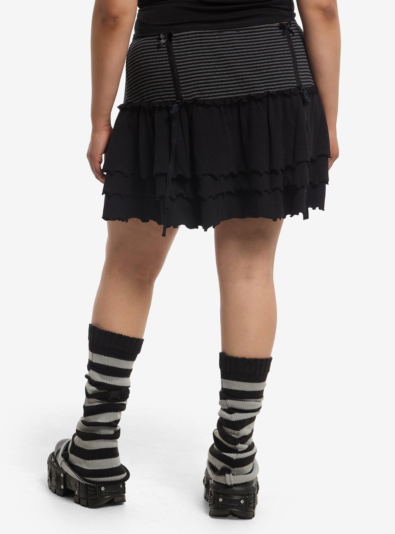 Social Collision Black & Grey Stripe Ribbon Ruffle Skirt Plus Size, , hi-res