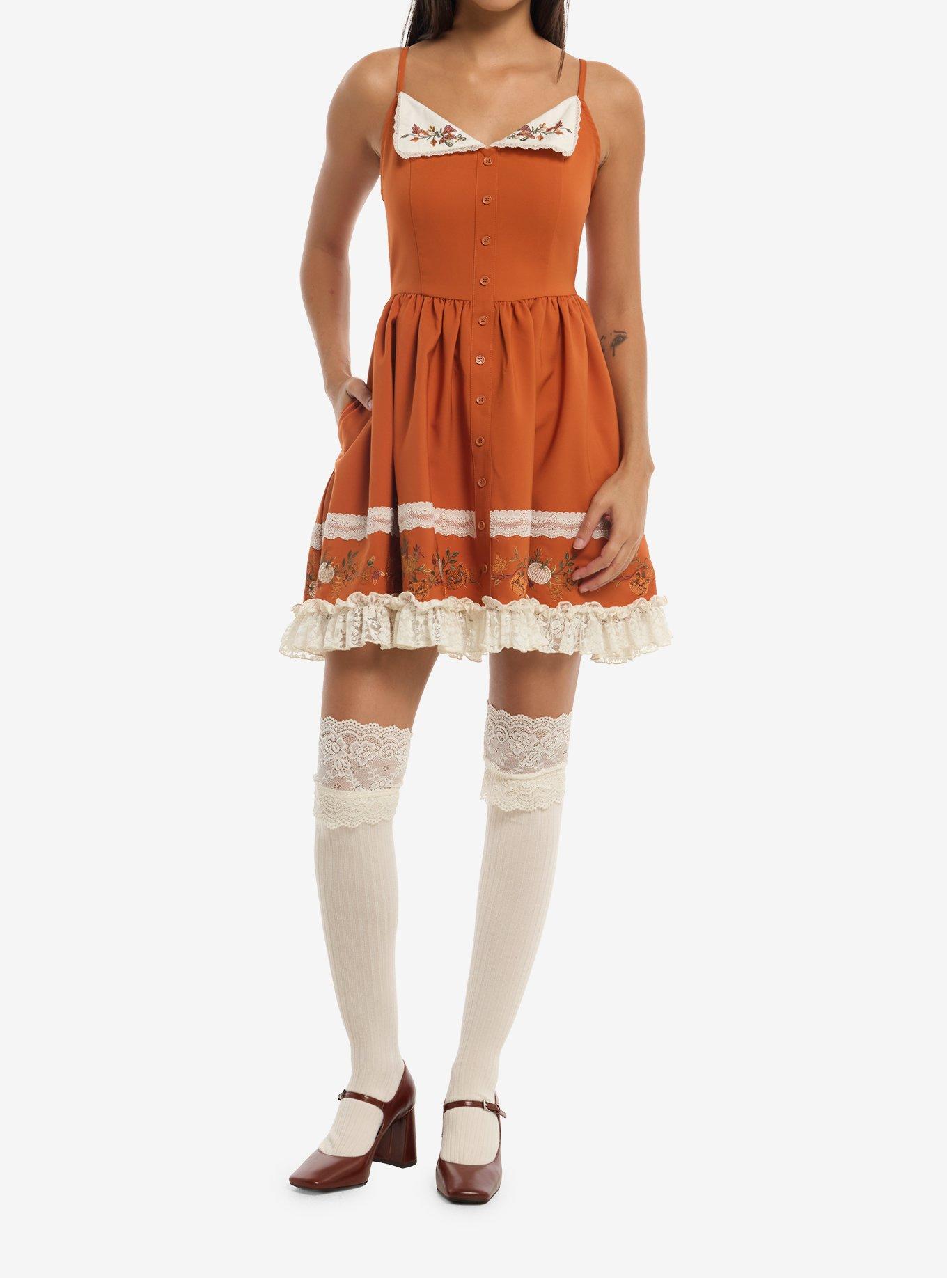 Thorn & Fable Pumpkin Embroidered Lace Cami Dress, , hi-res