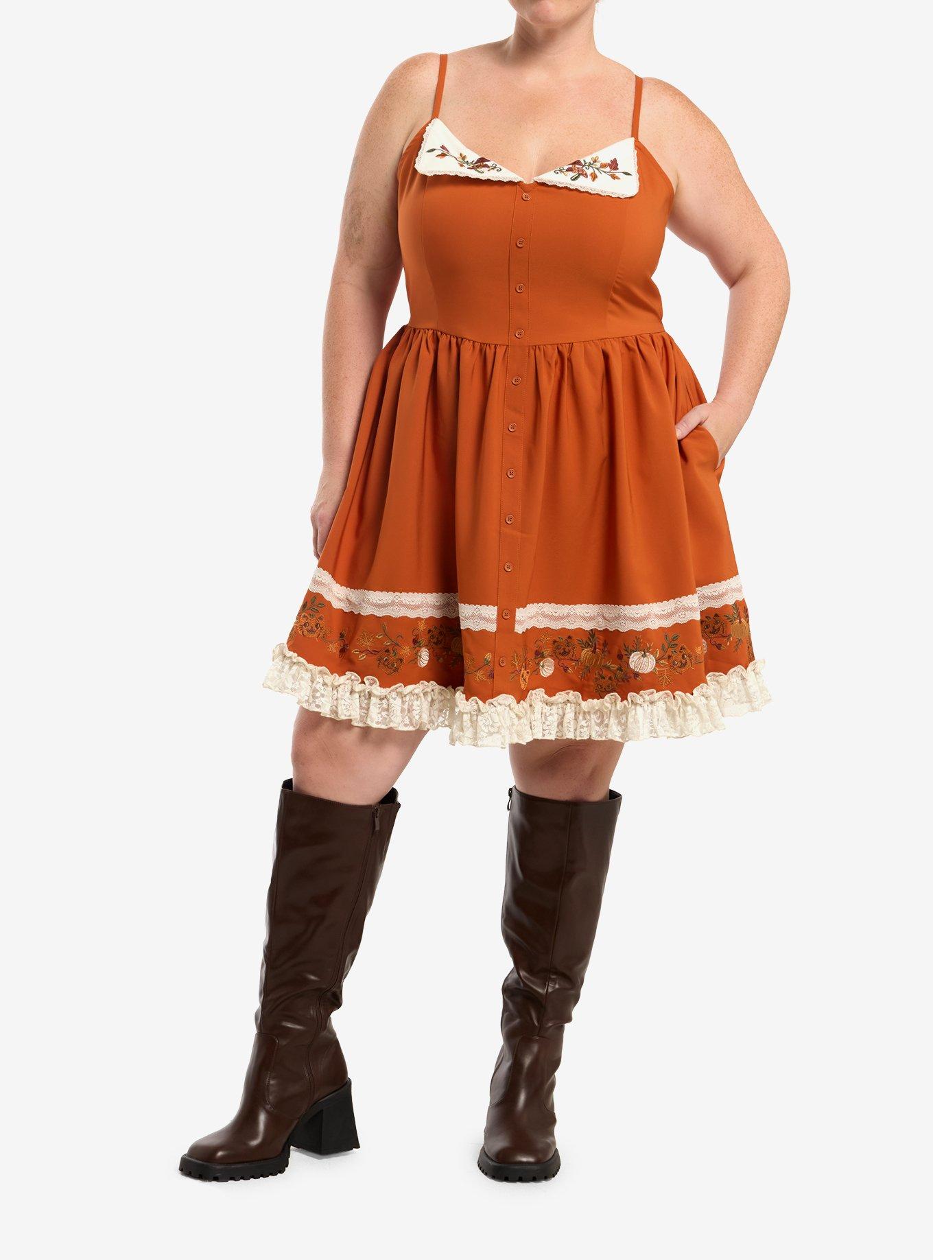 Thorn & Fable Pumpkin Embroidered Lace Cami Dress Plus Size, , hi-res