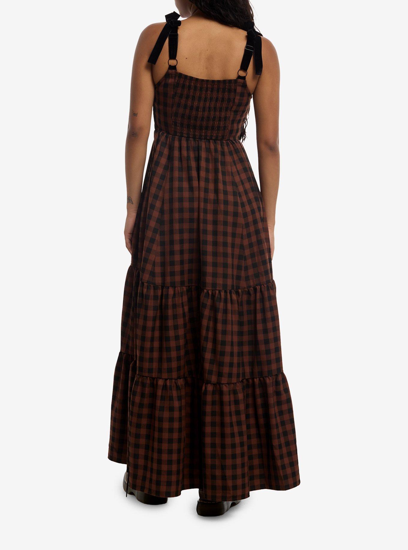 Thorn & Fable Brown & Black Checkered Ribbon Tier Maxi Dress, , hi-res