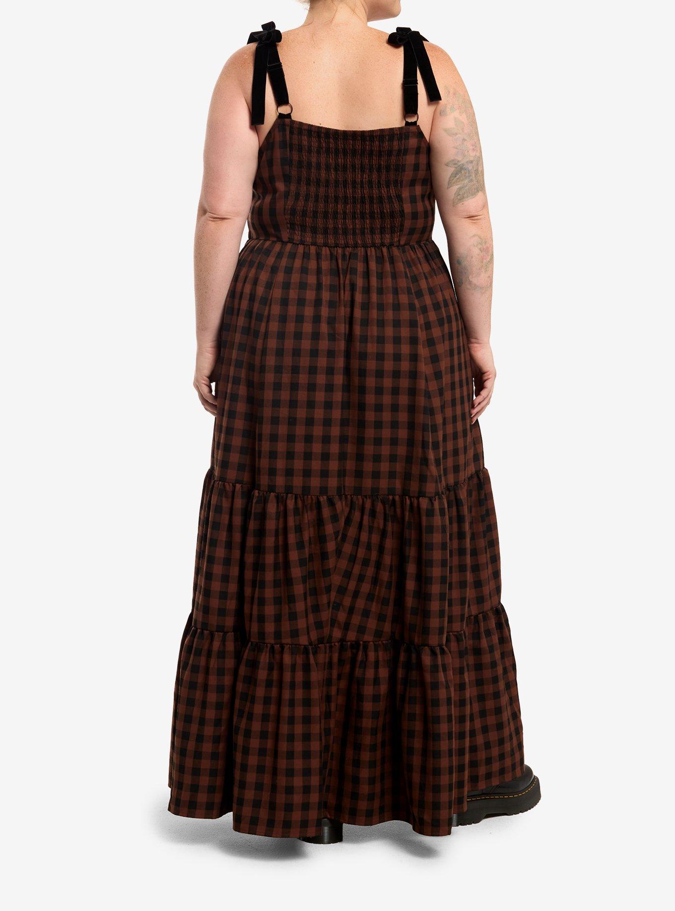 Thorn & Fable Brown & Black Checkered Ribbon Tier Maxi Dress Plus Size, , hi-res