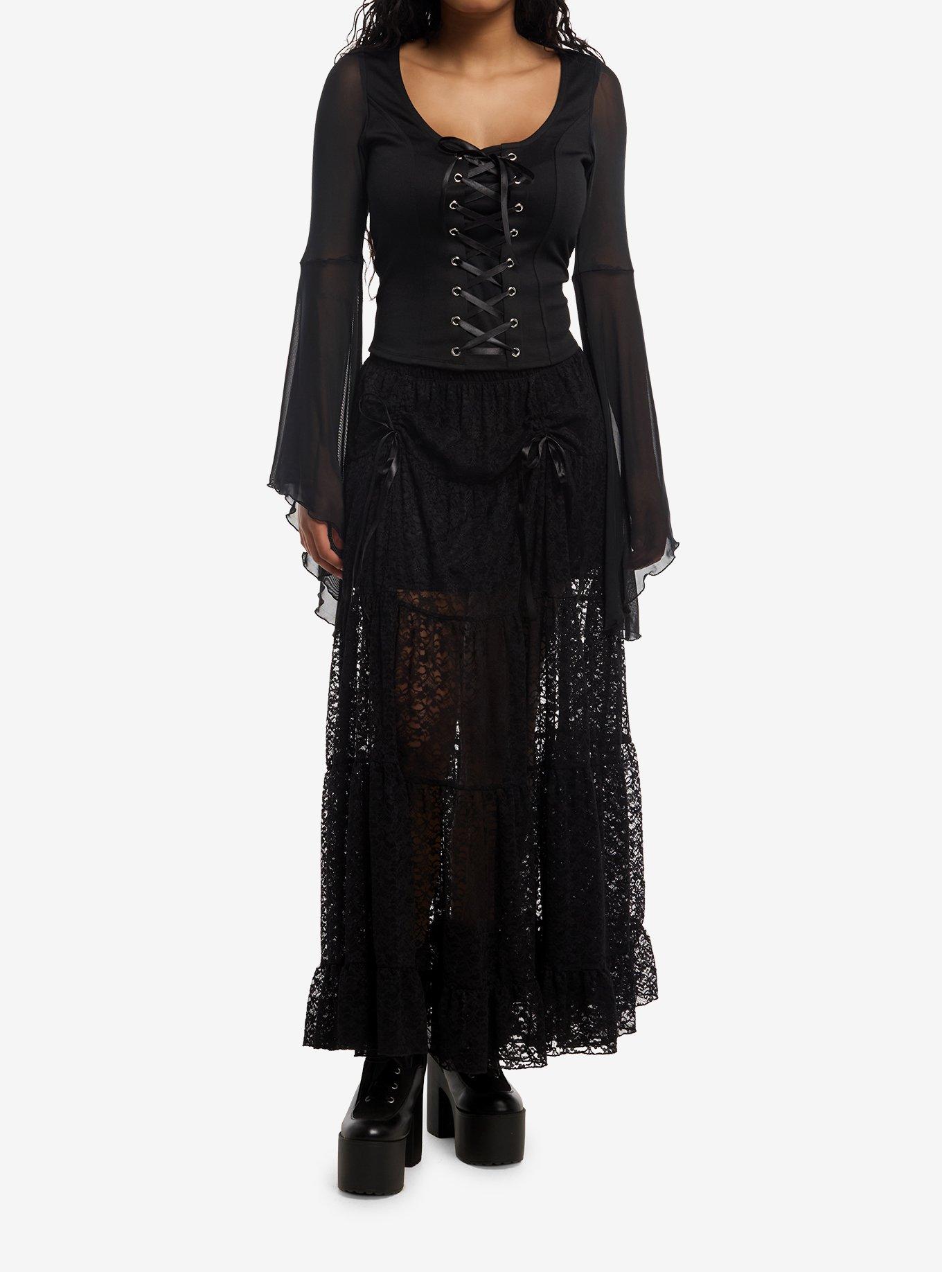 Cosmic Aura Lace-Up Mesh Girls Bell Sleeve Top Plus Size, , hi-res