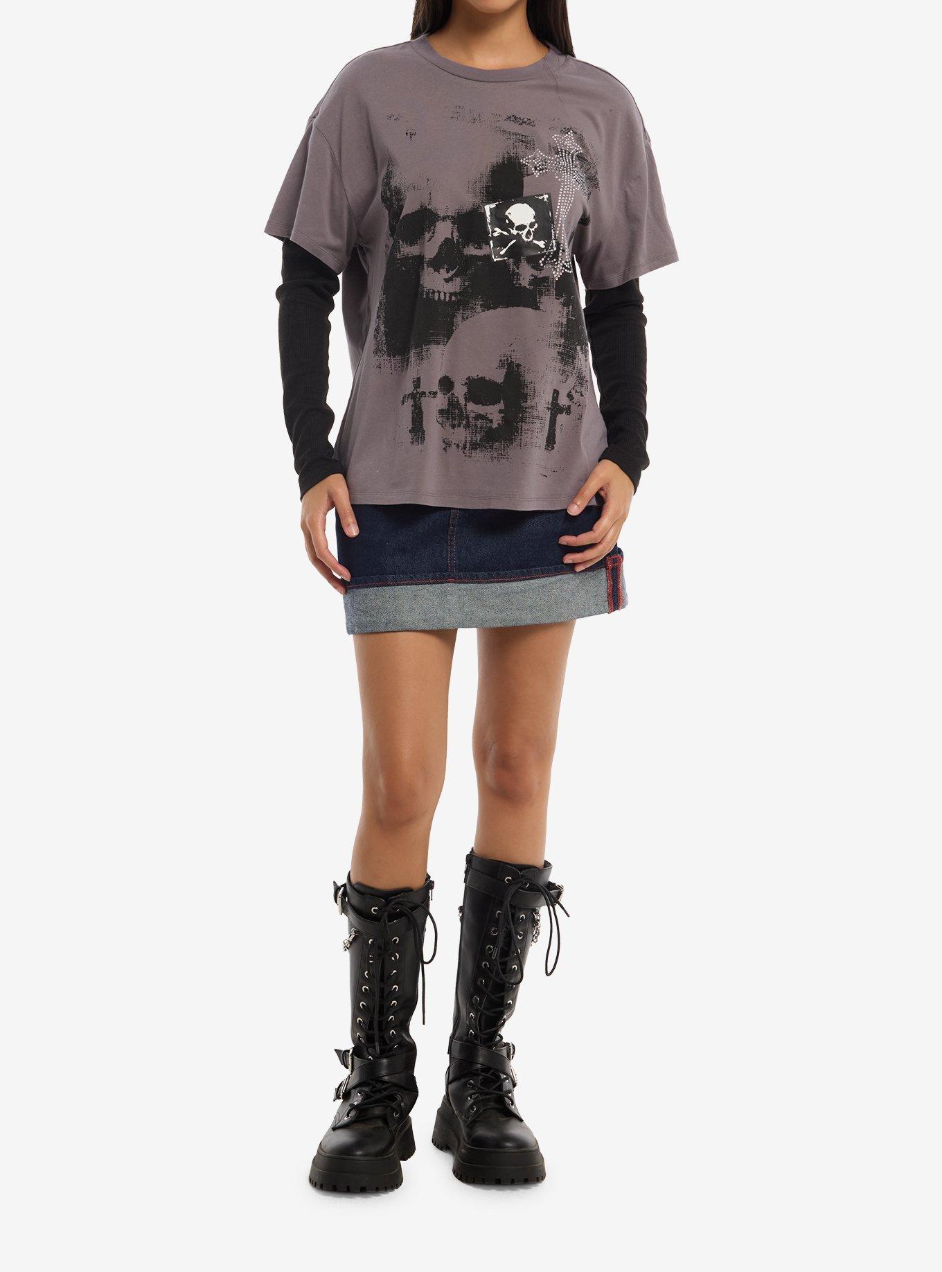 Social Collision Skull Rhinestone Cross Girls Twofer Top, , hi-res