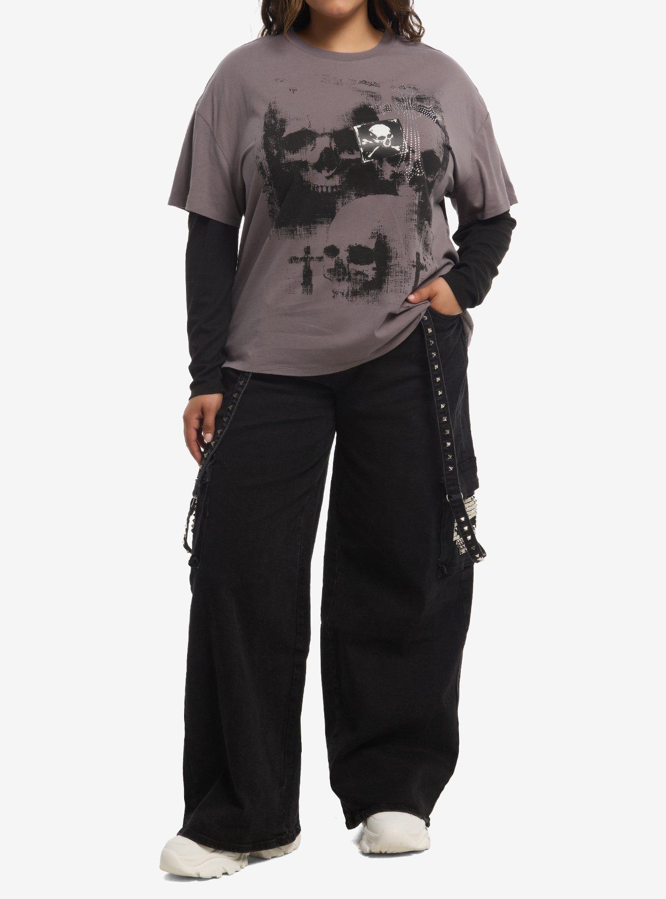 Social Collision Skull Rhinestone Cross Girls Twofer Top Plus Size, , hi-res