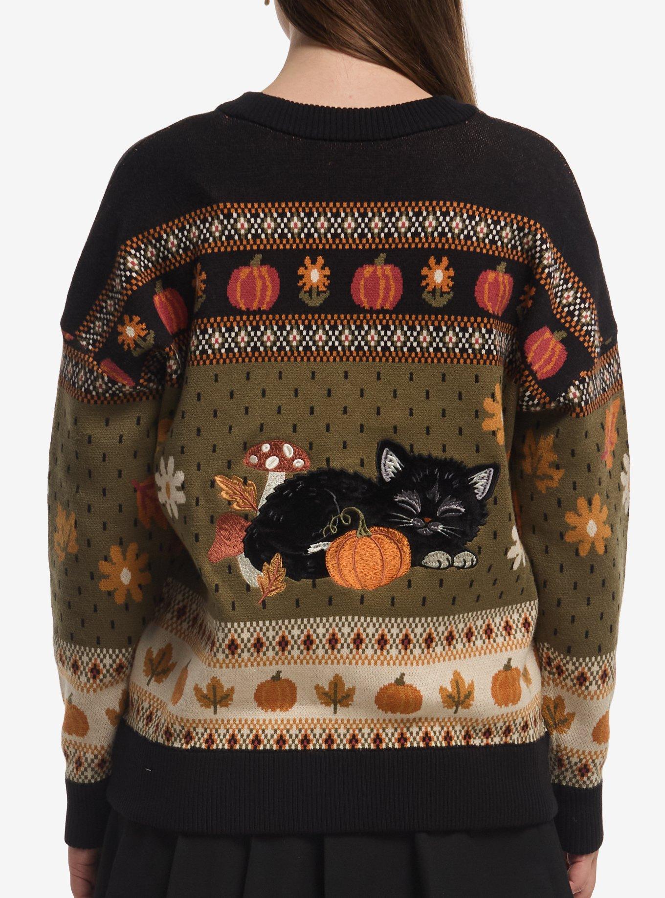 Thorn & Fable Cat Pumpkin Vintage Girls Oversized Cardigan, , hi-res