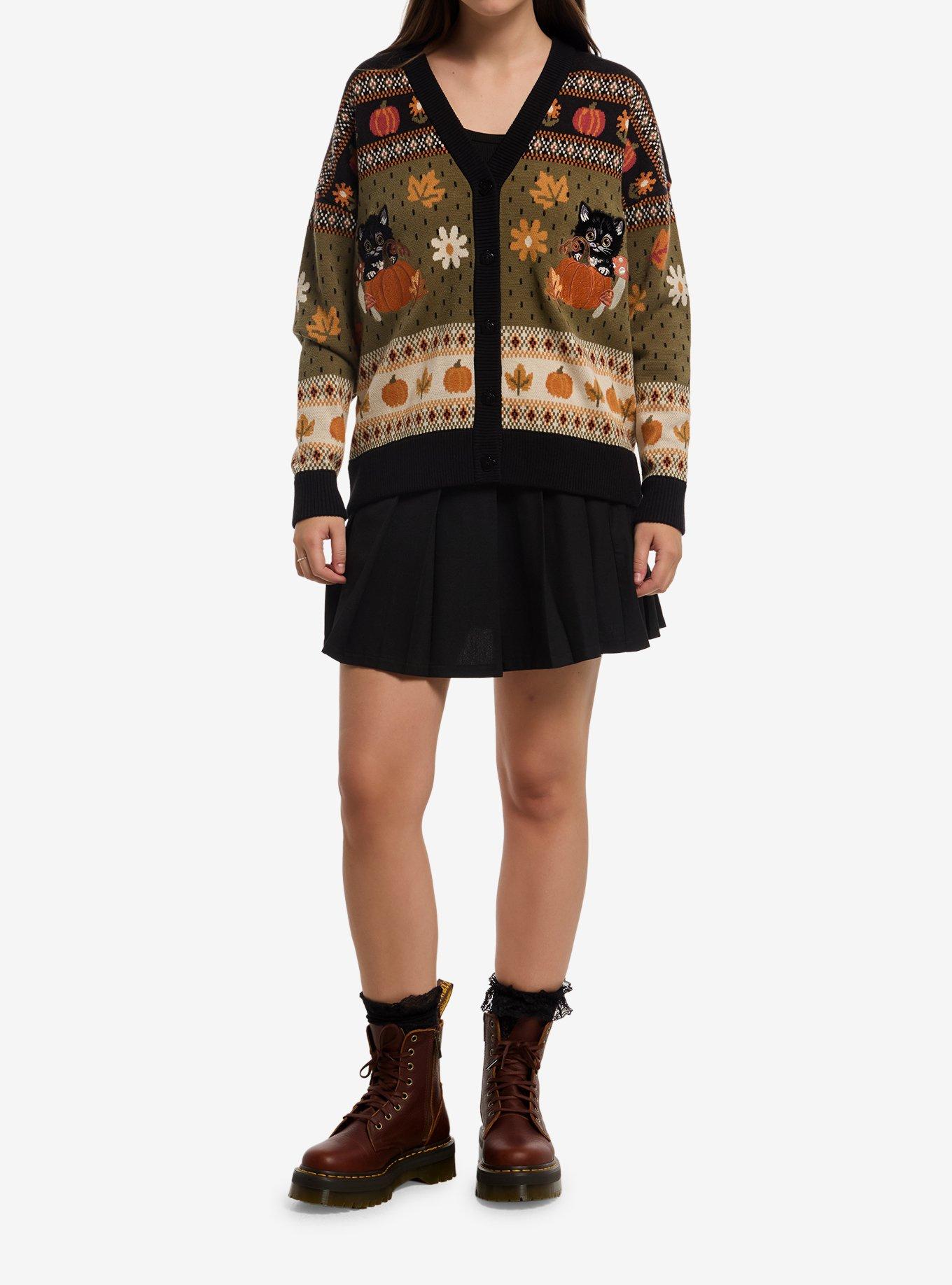 Thorn & Fable Cat Pumpkin Vintage Girls Oversized Cardigan, MULTI, alternate - view 3