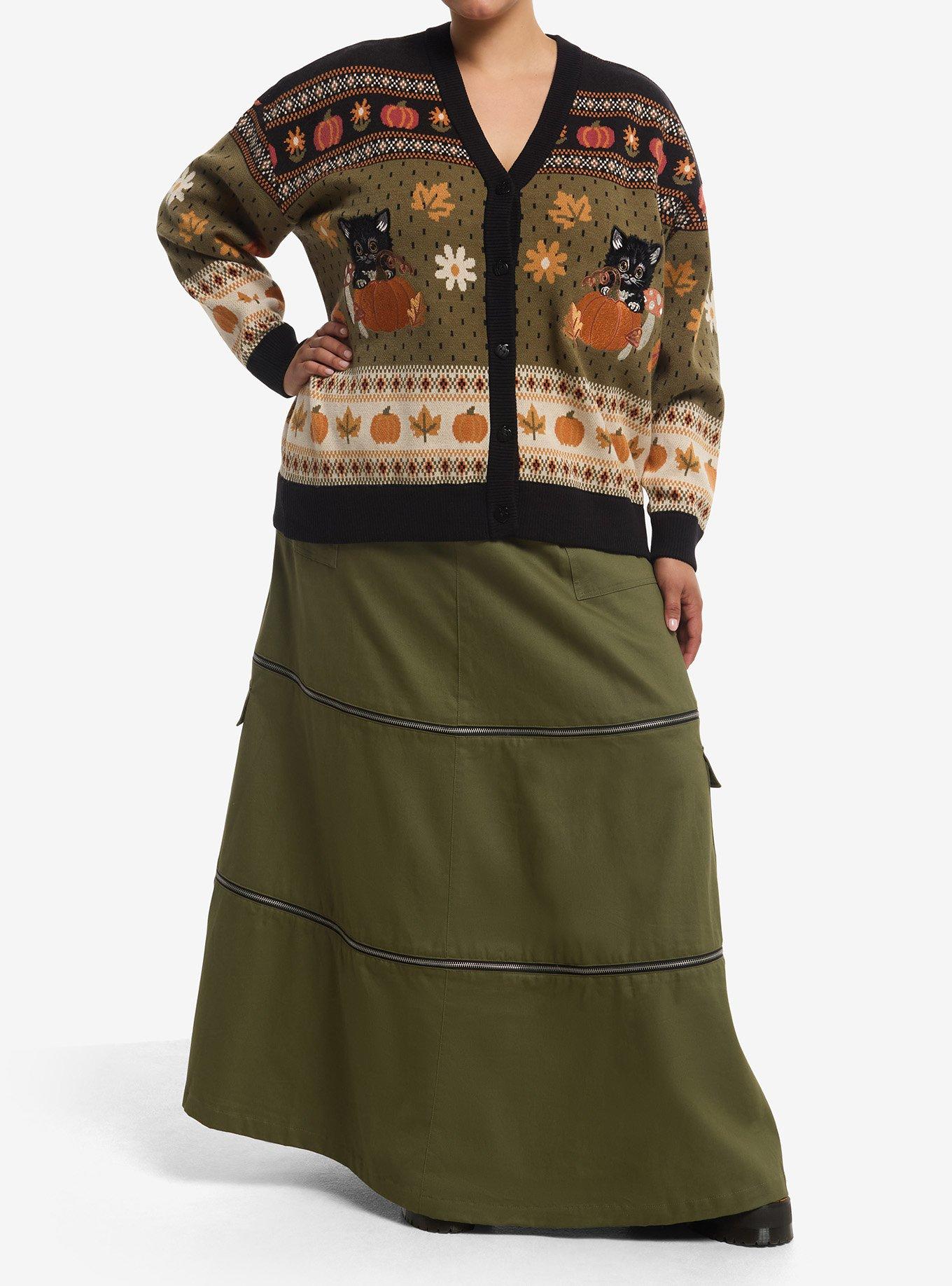 Thorn & Fable Cat Pumpkin Vintage Girls Oversized Cardigan Plus Size, , hi-res