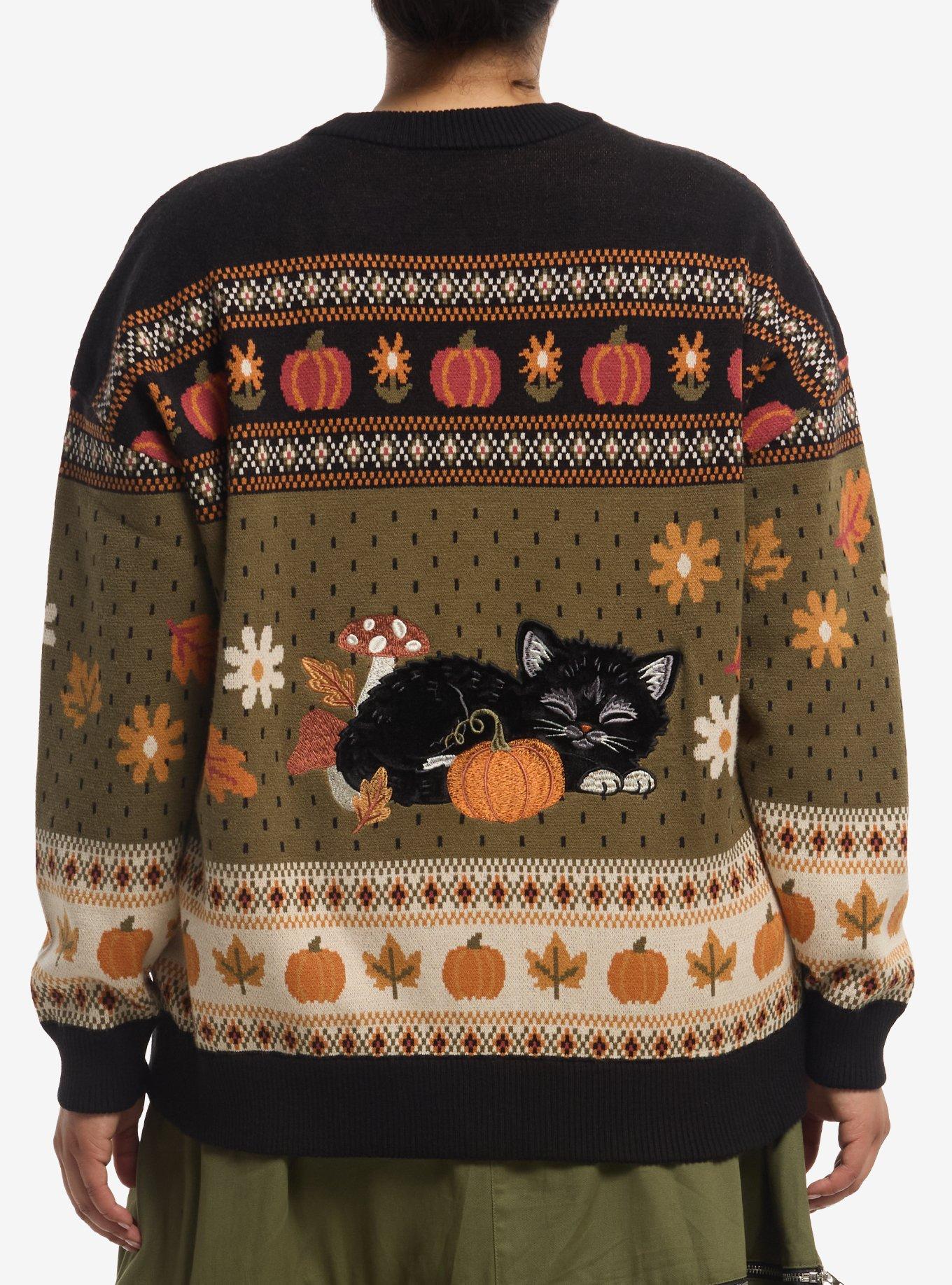 Thorn & Fable Cat Pumpkin Vintage Girls Oversized Cardigan Plus Size, MULTI, alternate - view 3