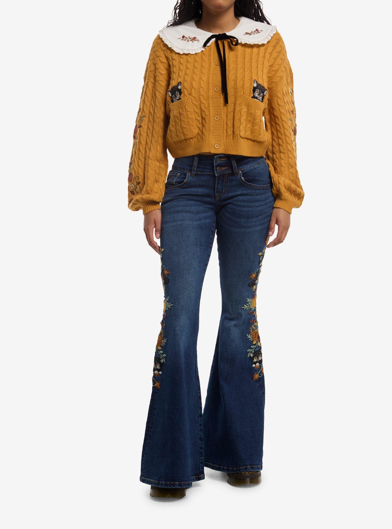 Thorn & Fable Cat Fall Contrast Collar Girls Crop Cardigan, , hi-res