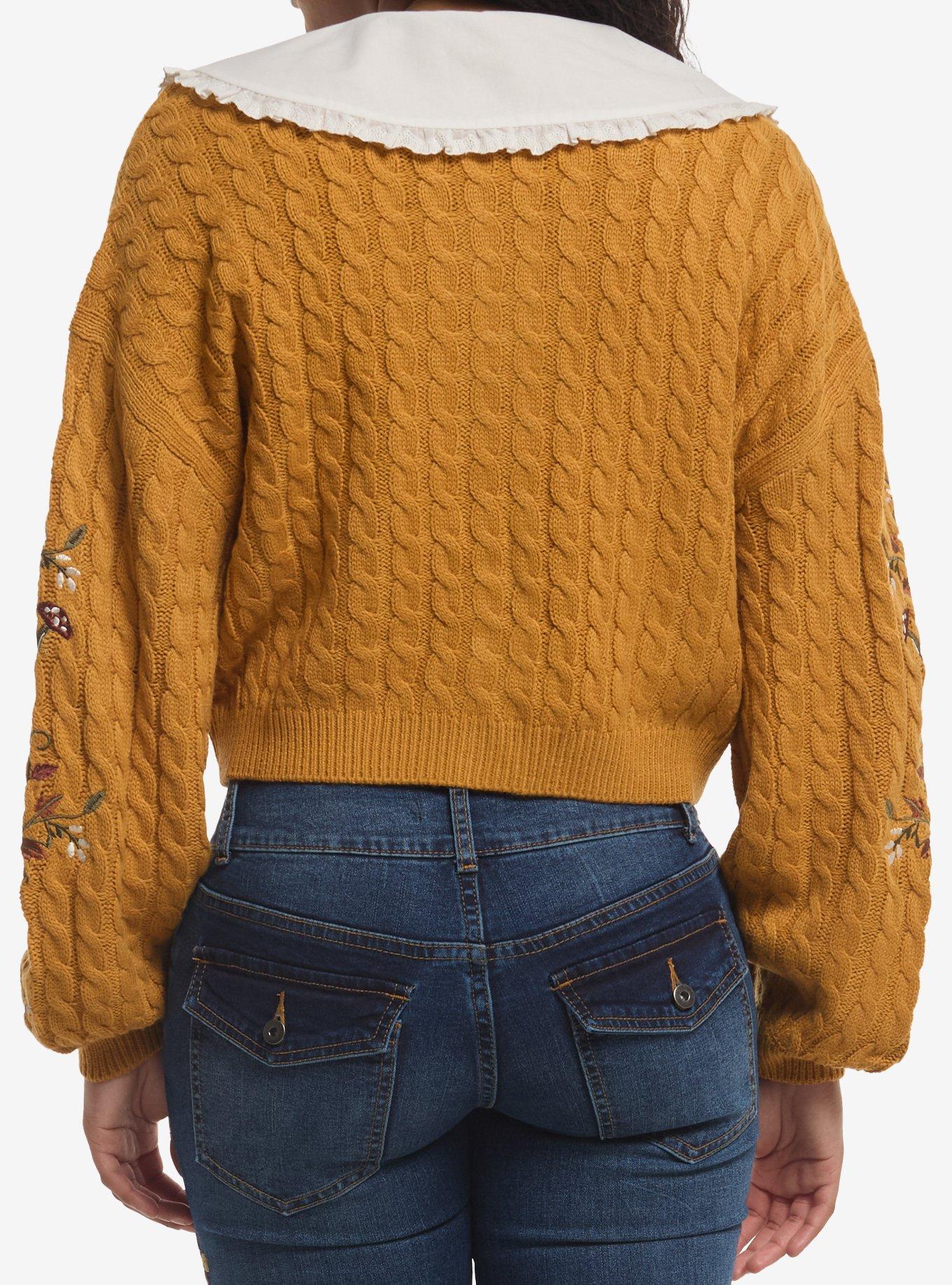 Thorn & Fable Cat Fall Contrast Collar Girls Crop Cardigan, MULTI, alternate - view 3