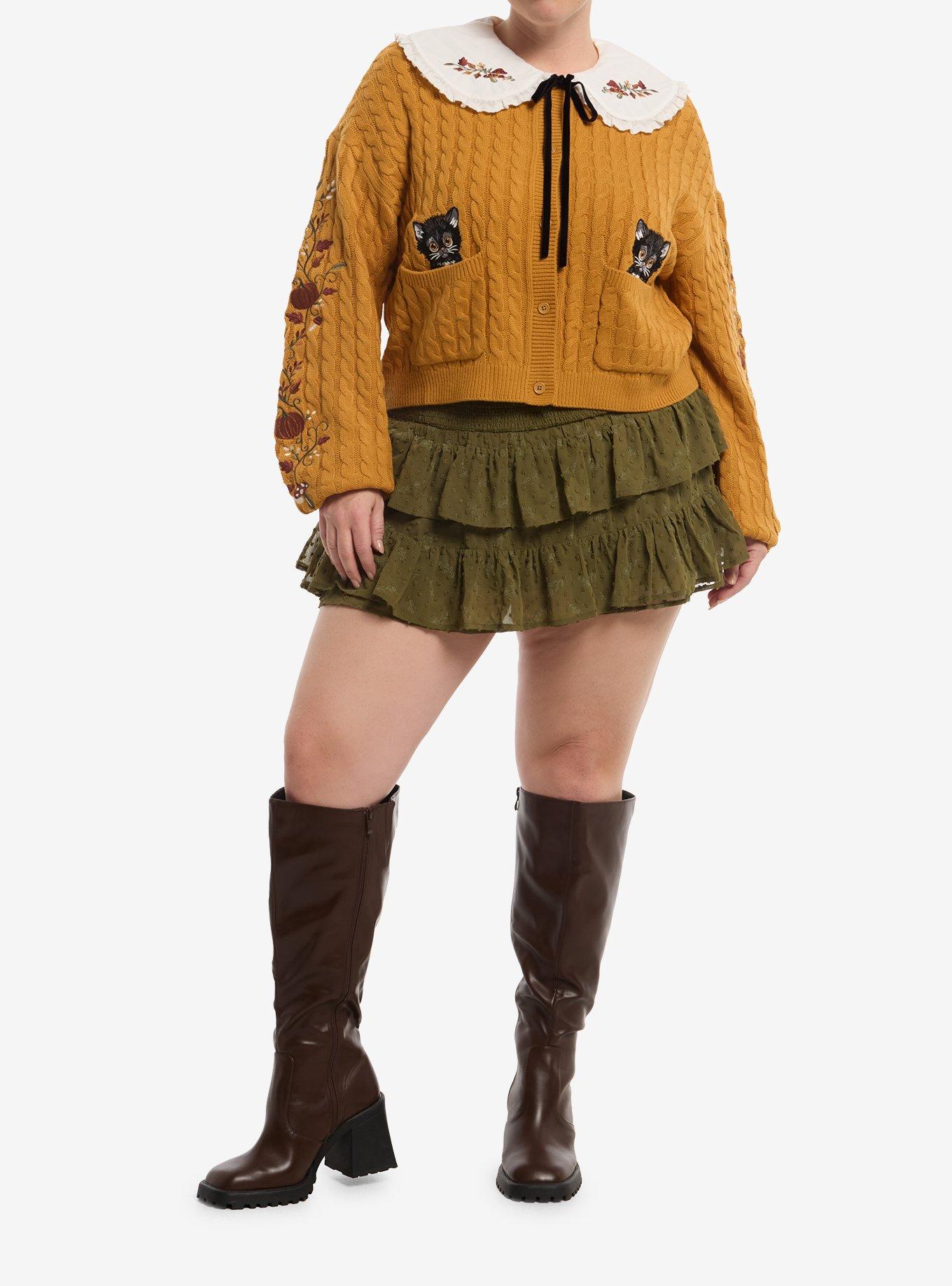 Thorn & Fable Cat Fall Contrast Collar Girls Crop Cardigan Plus Size, , hi-res