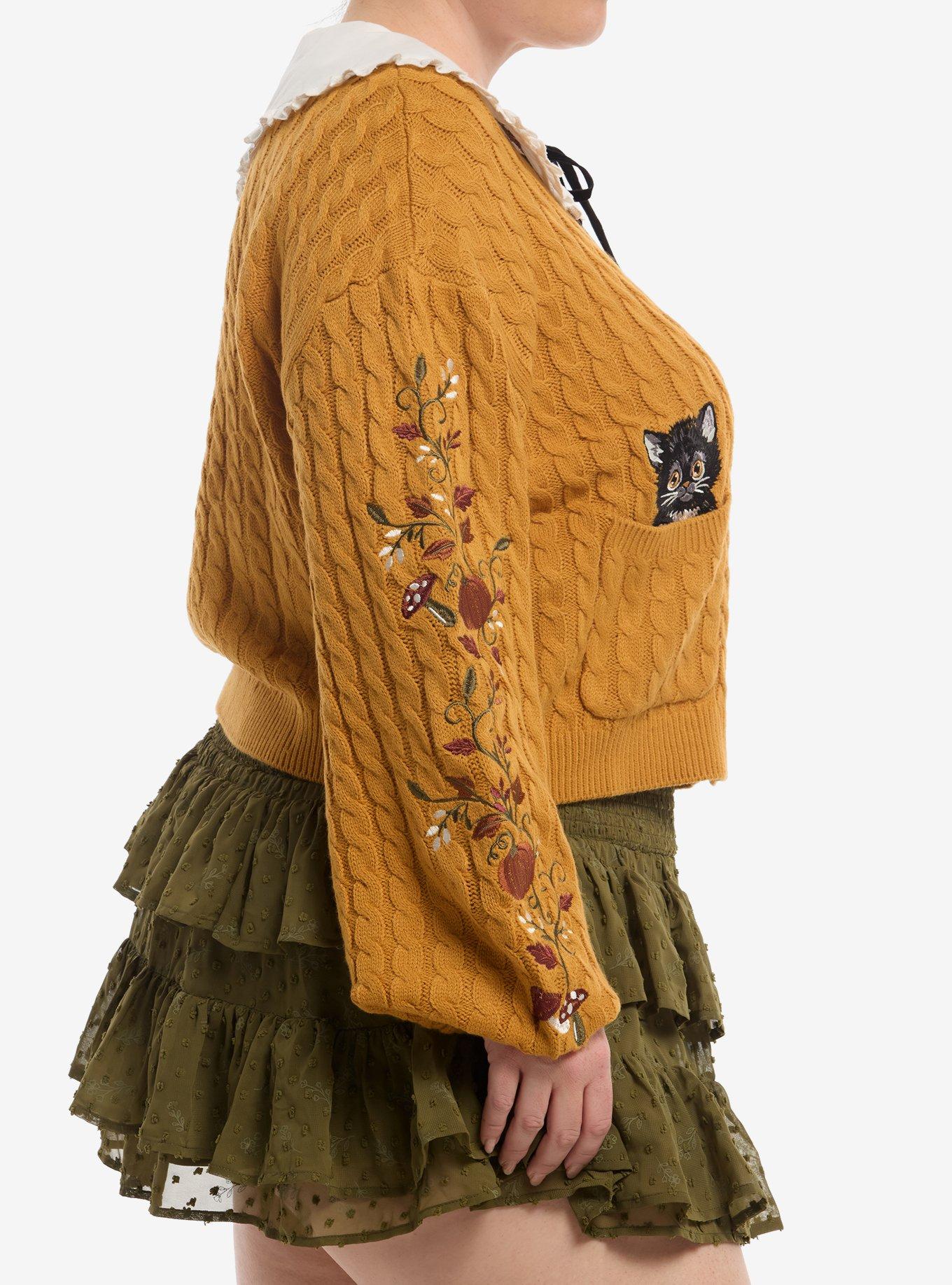 Thorn & Fable Cat Fall Contrast Collar Girls Crop Cardigan Plus Size, MULTI, alternate - view 4