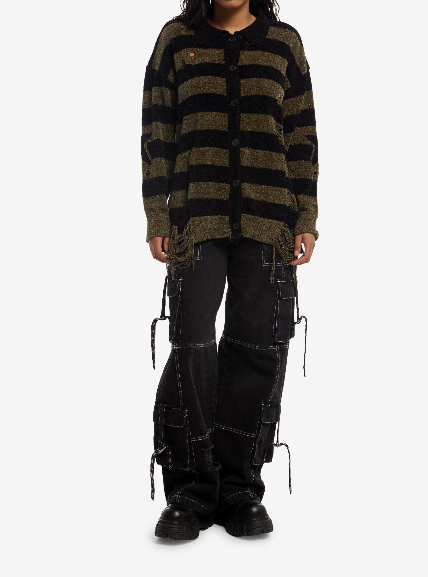 Star Black & Olive Stripe Distressed Girls Long-Sleeve Cardigan, , hi-res