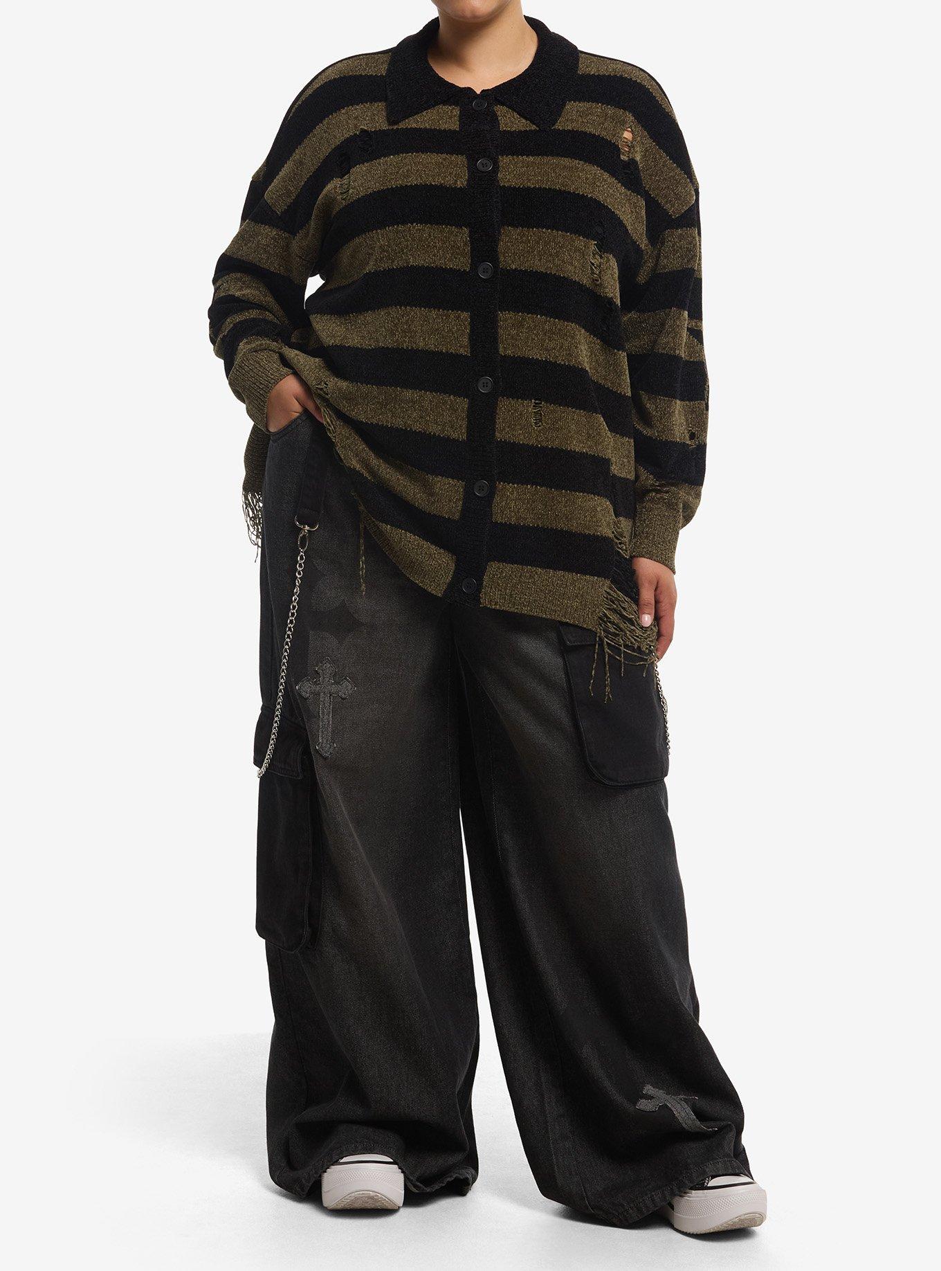 Star Black & Olive Stripe Distressed Girls Long-Sleeve Cardigan Plus Size, , hi-res