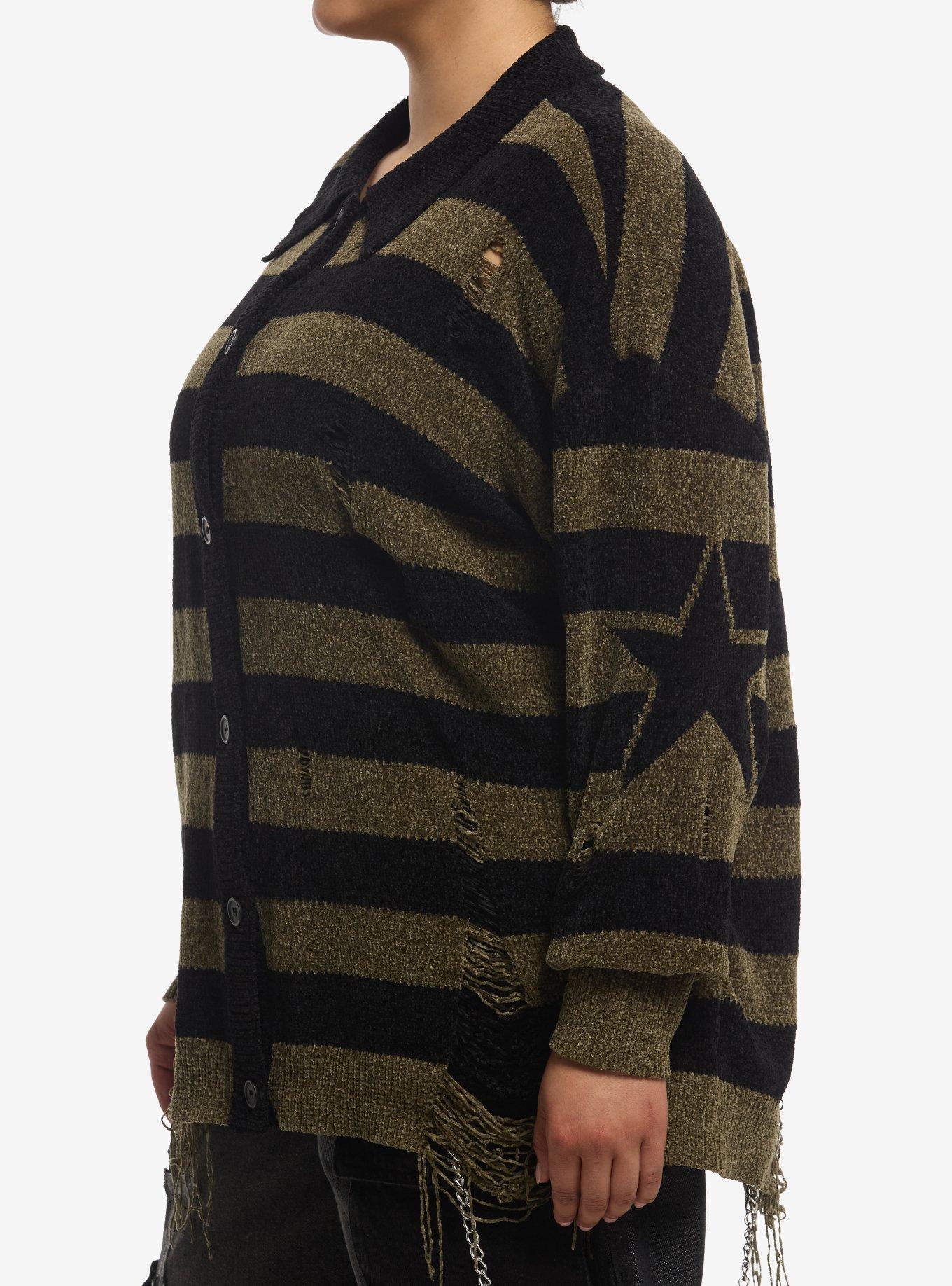 Star Black & Olive Stripe Distressed Girls Long-Sleeve Cardigan Plus Size, MULTI, alternate - view 4