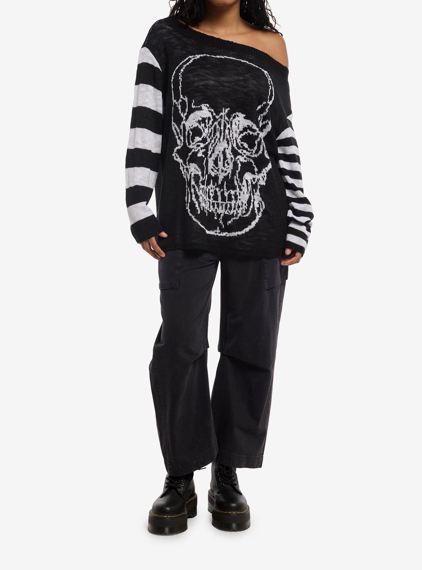 Cosmic Aura Skull Black & White Mismatch Stripe Girls Sweater, , hi-res