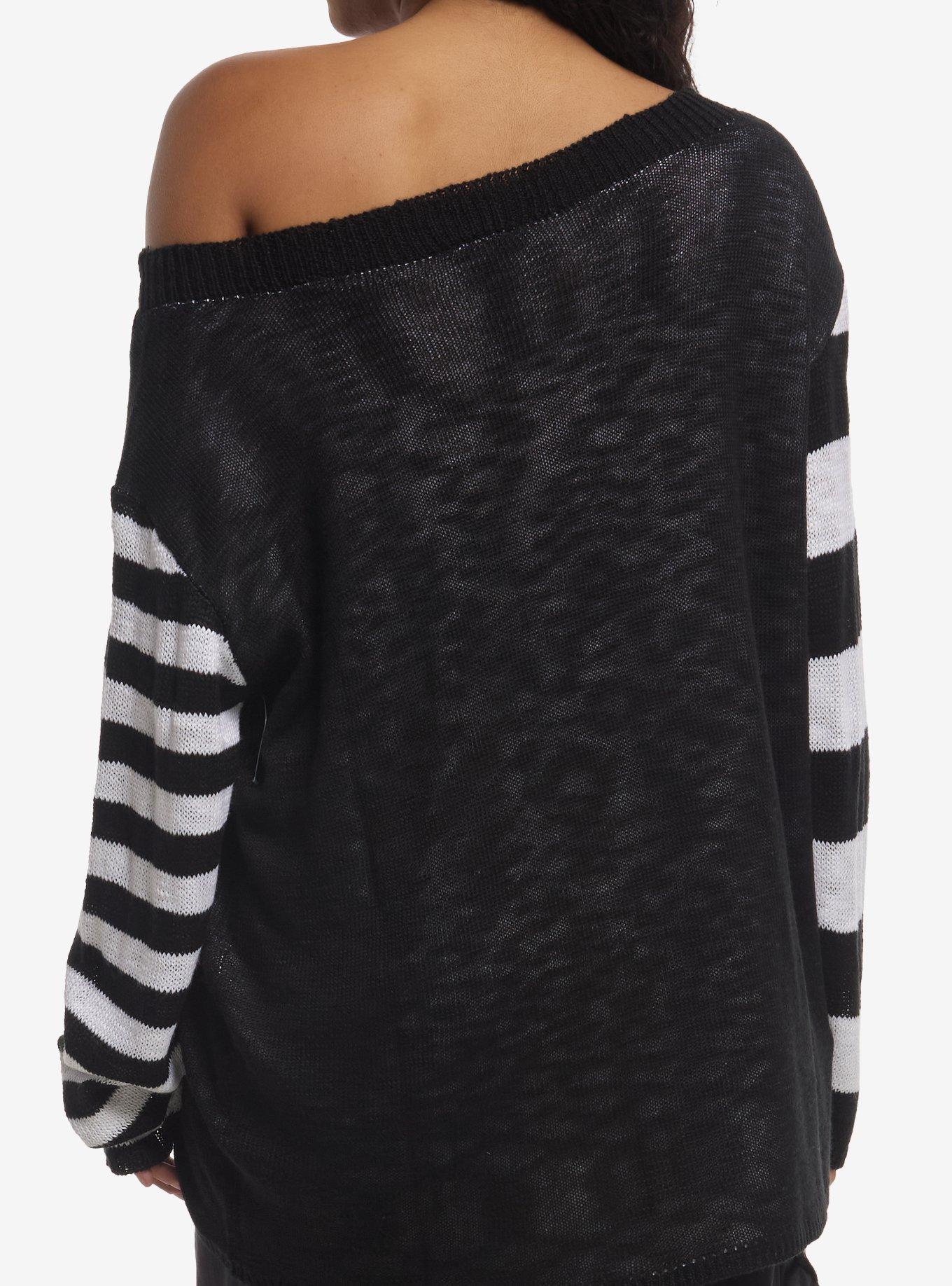 Cosmic Aura Skull Black & White Mismatch Stripe Girls Sweater, MULTI, alternate - view 3