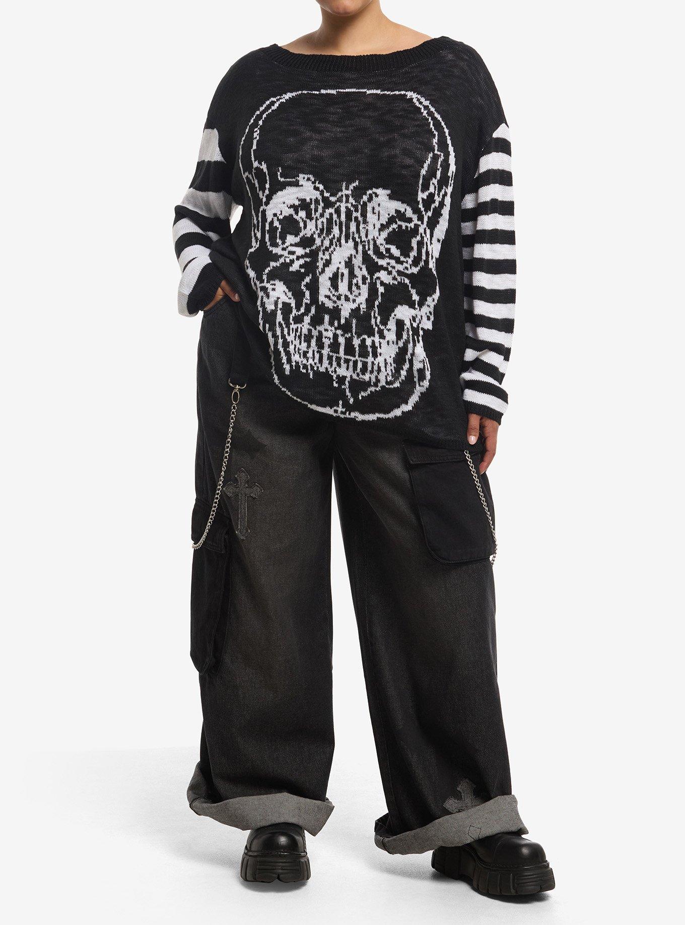 Cosmic Aura Skull Black & White Mismatch Stripe Girls Sweater Plus Size, , hi-res