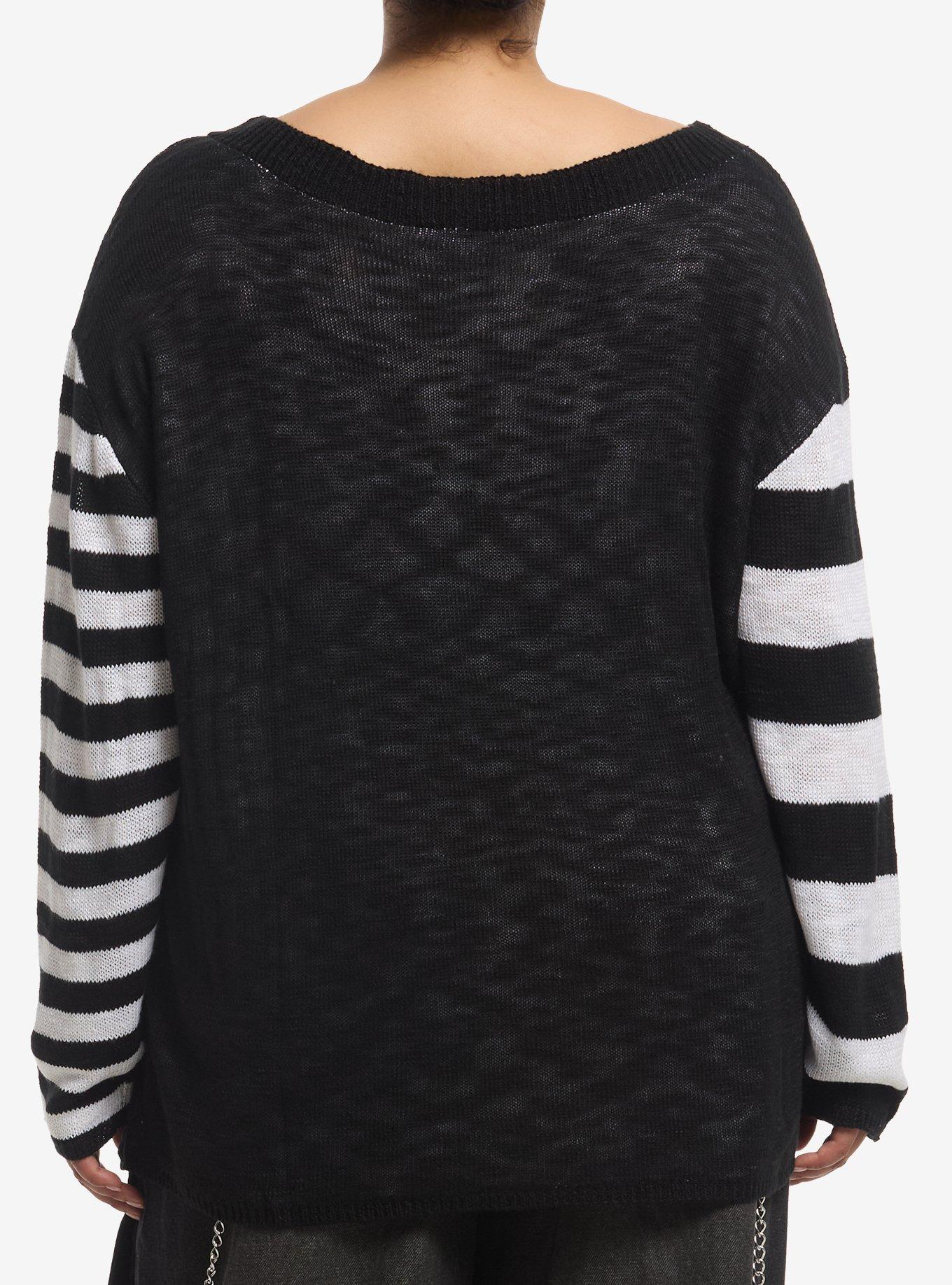 Cosmic Aura Skull Black & White Mismatch Stripe Girls Sweater Plus Size, MULTI, alternate - view 3