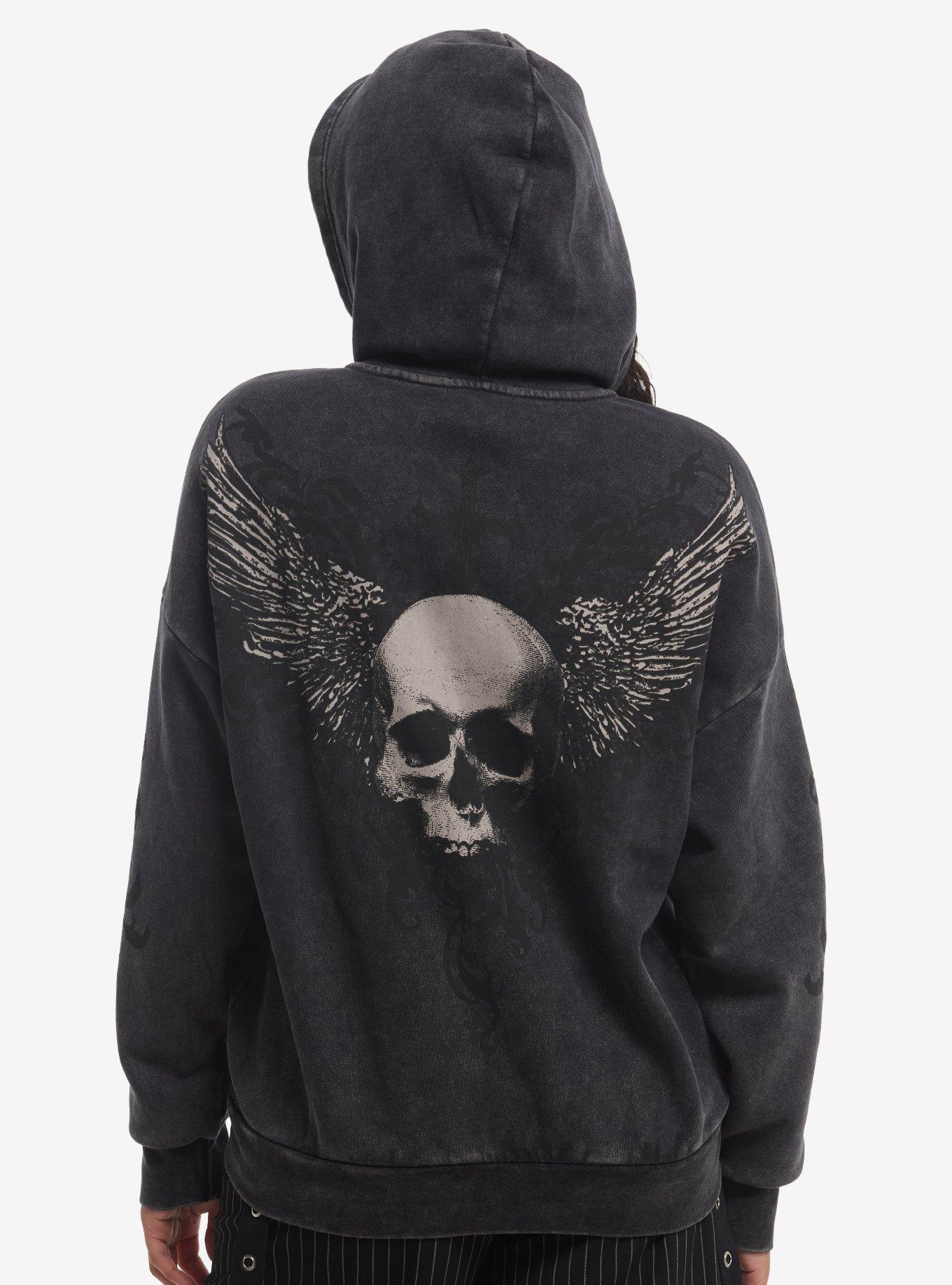 Social Collision Skull Stack Filigree Dark Wash Girls Hoodie, , hi-res